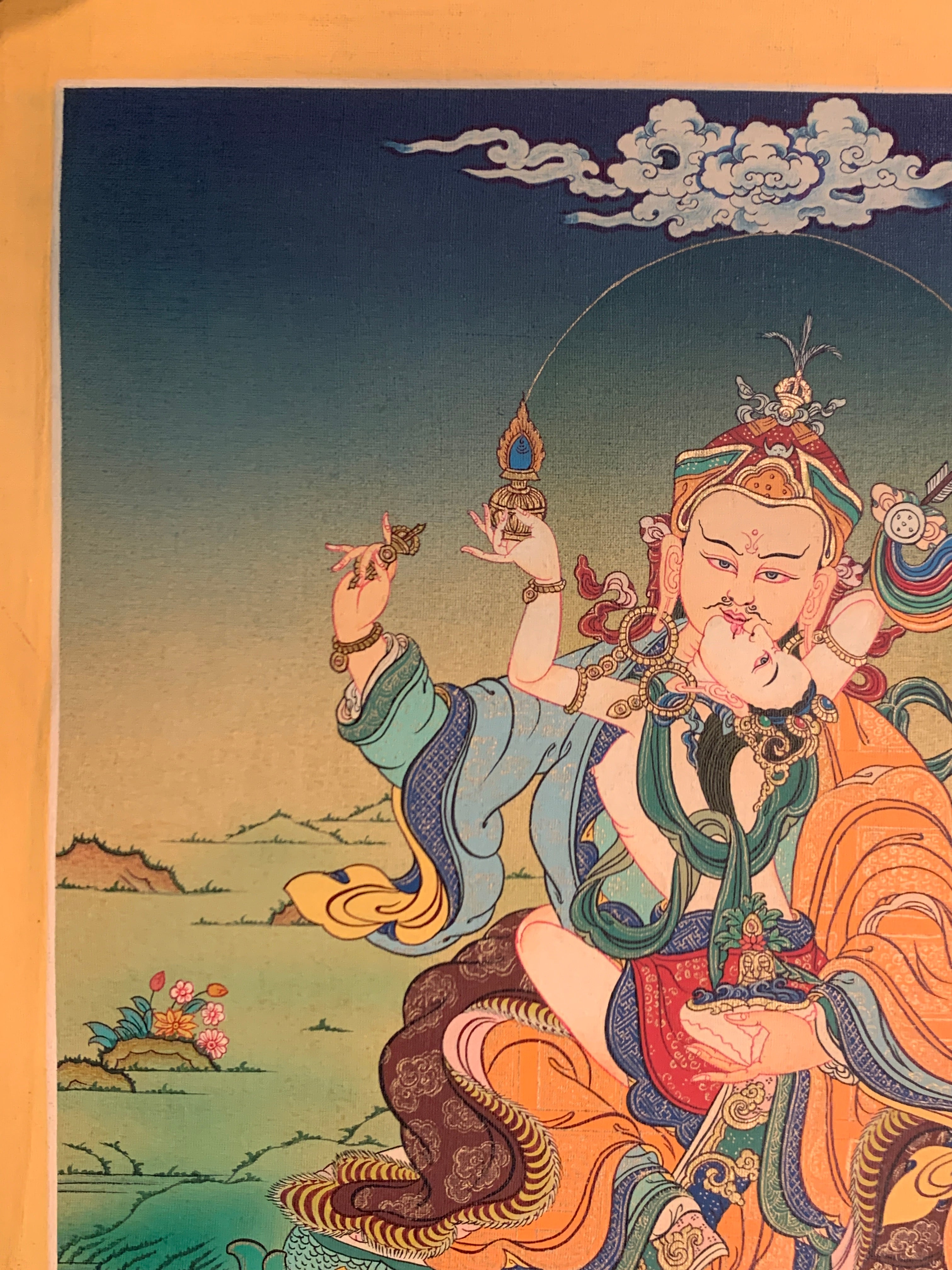 Hand painted Guru rinpoche yabyum thangka. guru padmasambhava in union form.