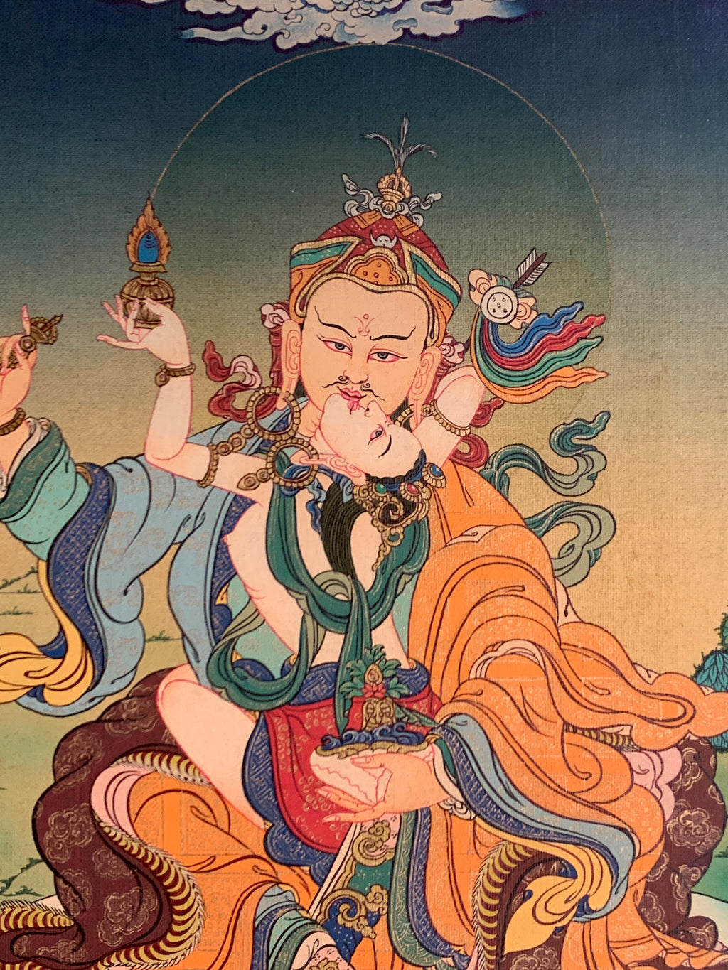 Hand painted Guru rinpoche yabyum thangka. guru padmasambhava in union form.