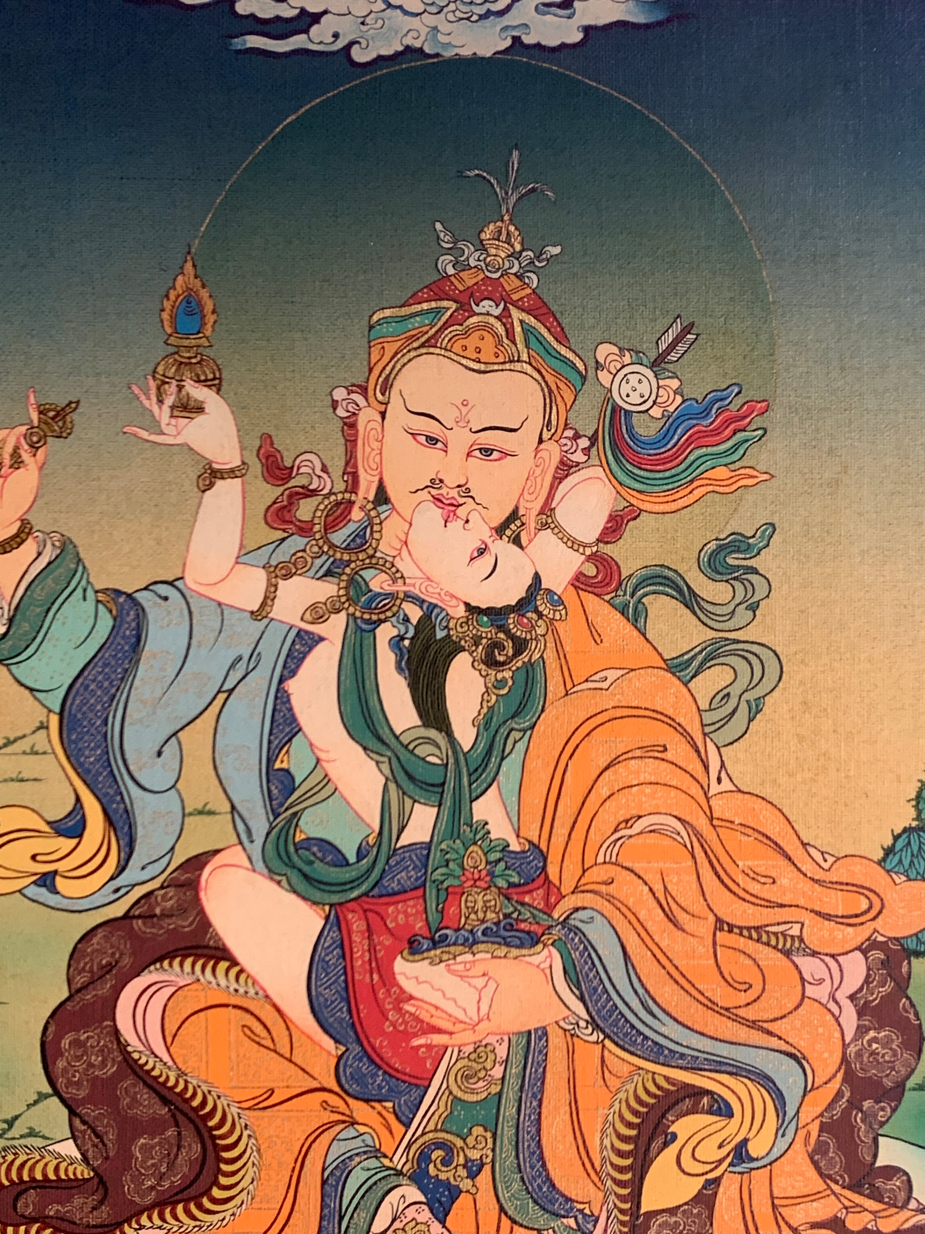 Hand painted Guru rinpoche yabyum thangka. guru padmasambhava in union form.
