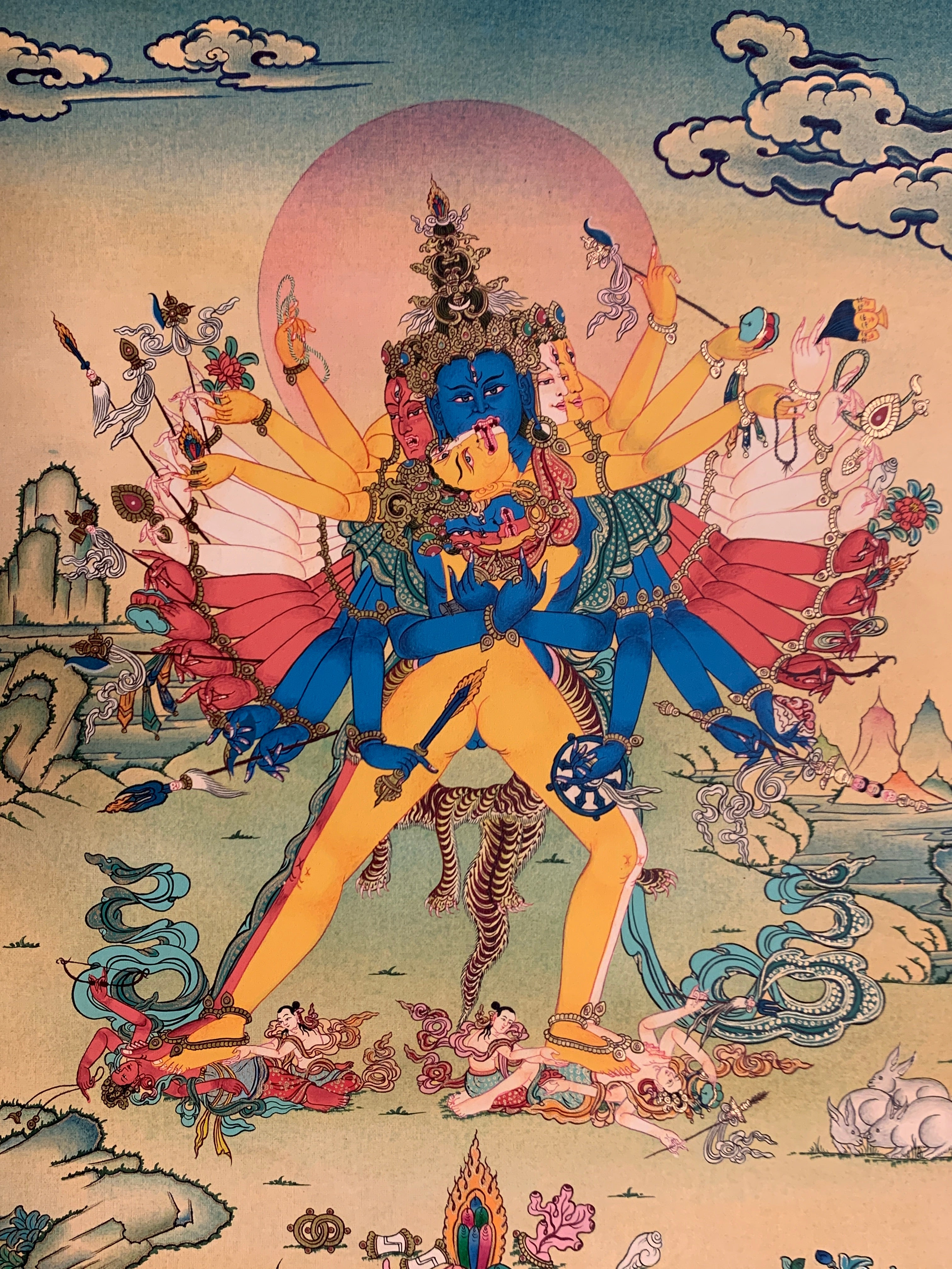 Hand painted Kalachakra deity thangka. duikyi khorlo. tantric yidam deity.