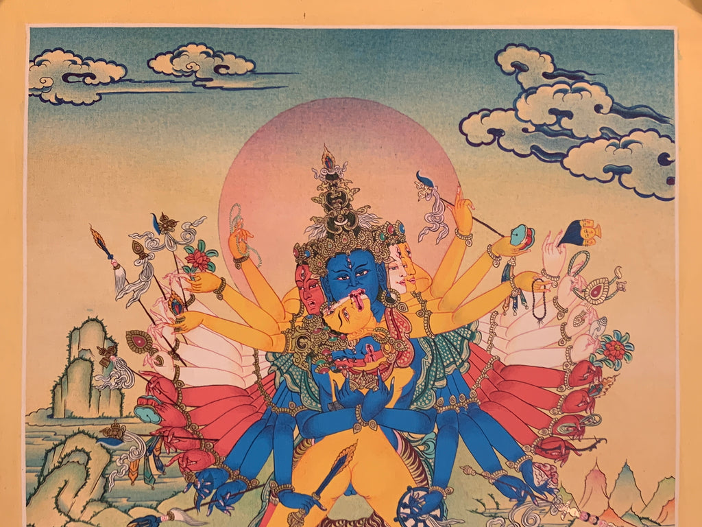 Hand painted Kalachakra deity thangka. duikyi khorlo. tantric yidam deity.
