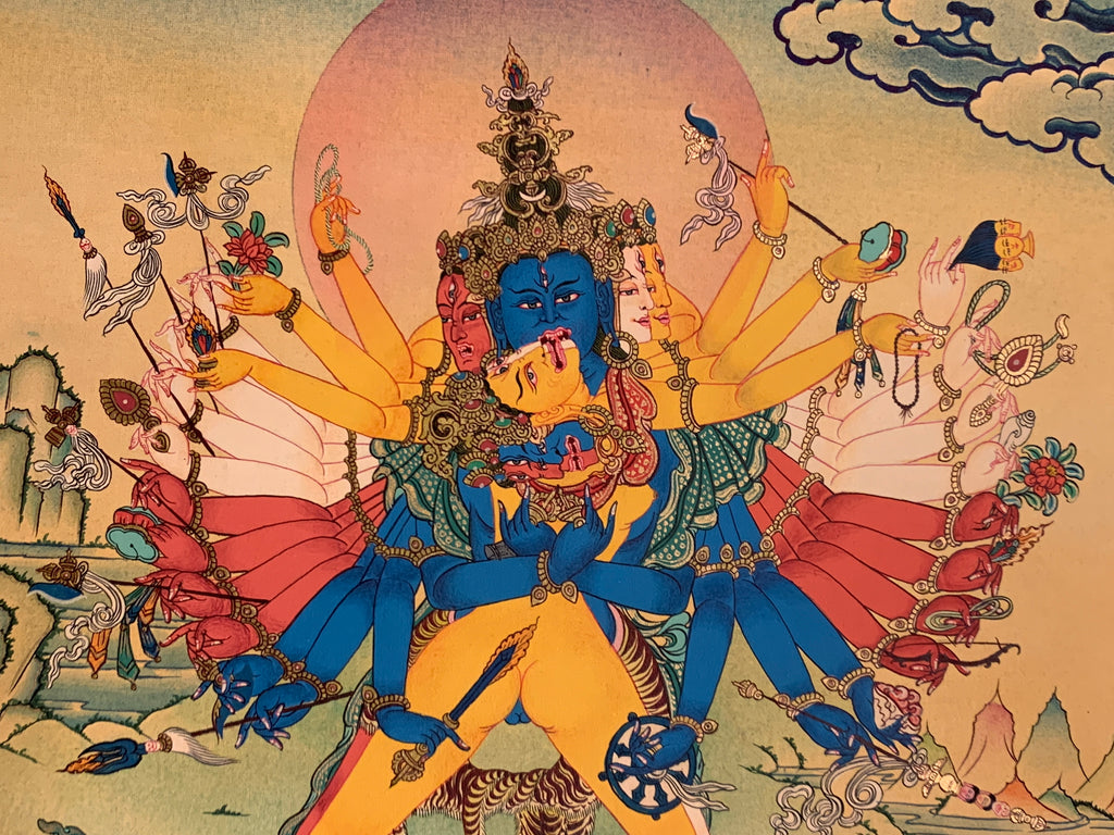 Hand painted Kalachakra deity thangka. duikyi khorlo. tantric yidam deity.