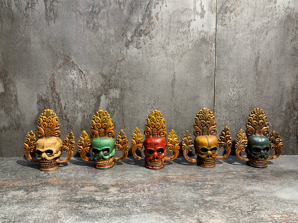 Hand Carved Bone Skulls Set: Antique Finish, representation of Five Poisons