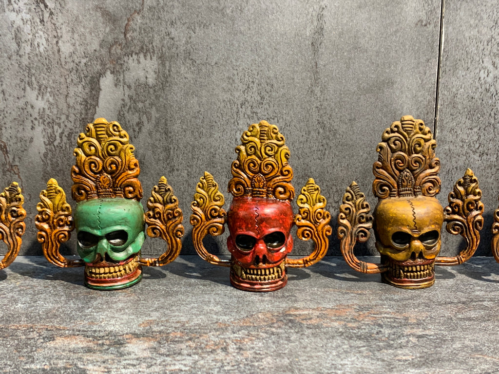 Hand Carved Bone Skulls Set: Antique Finish, representation of Five Poisons