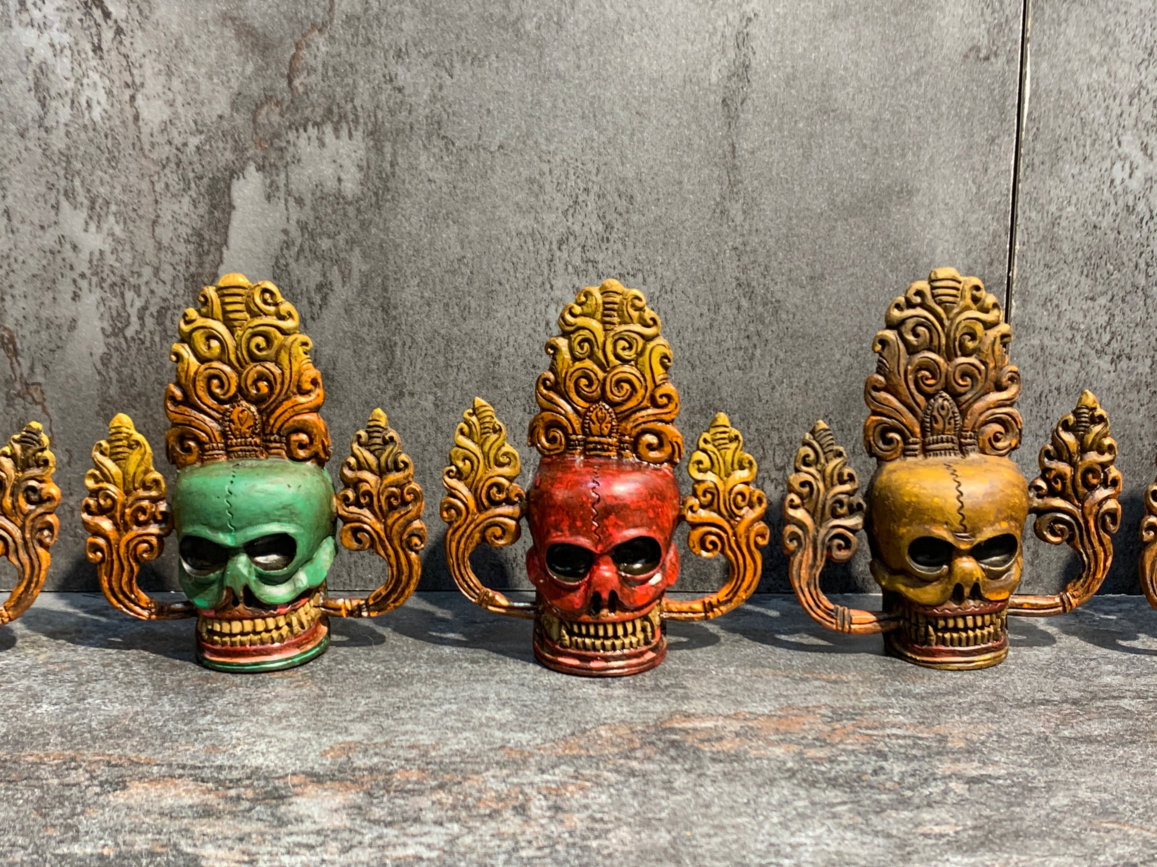 Hand Carved Bone Skulls Set: Antique Finish, representation of Five Poisons