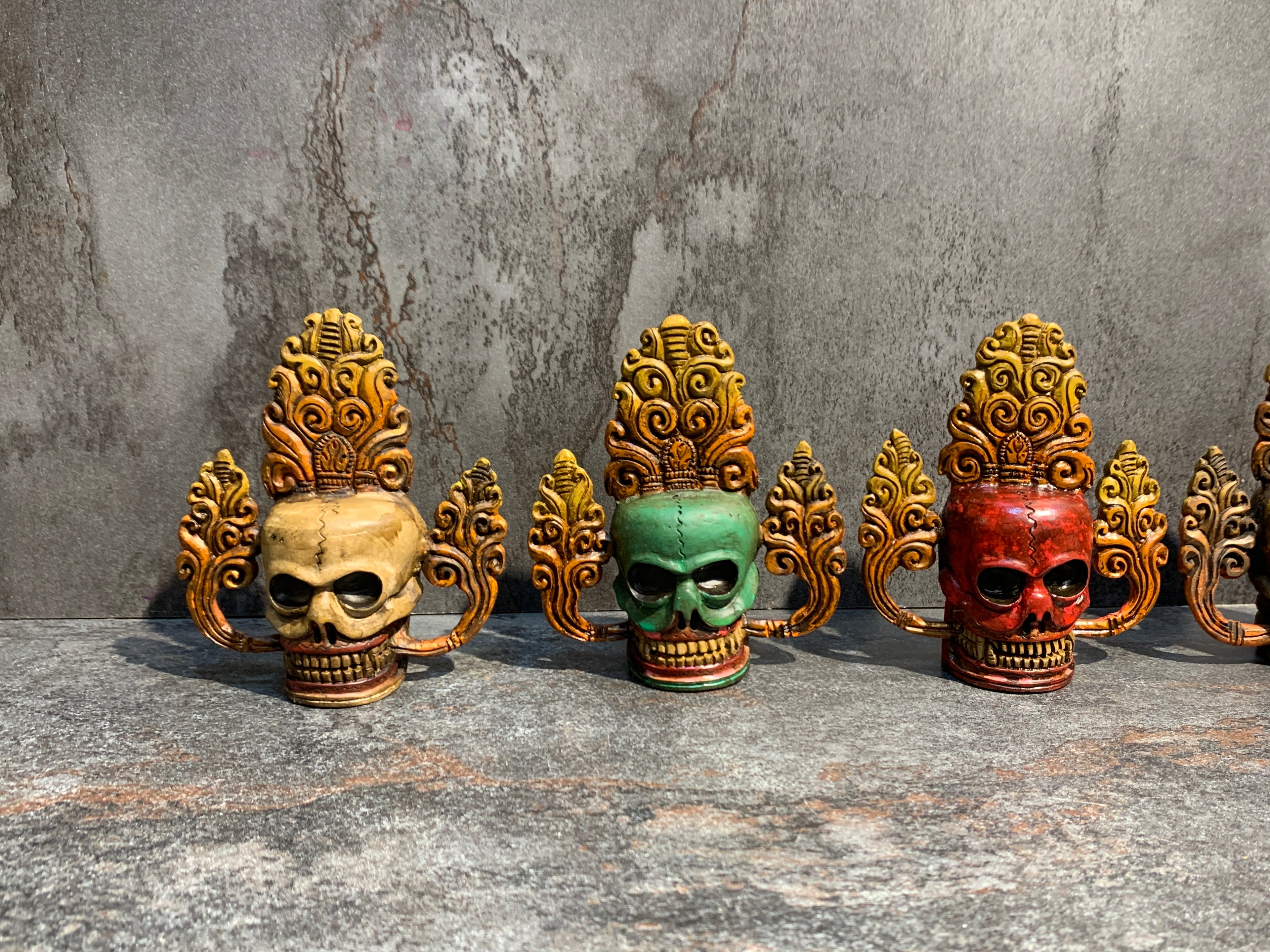 Hand Carved Bone Skulls Set: Antique Finish, representation of Five Poisons