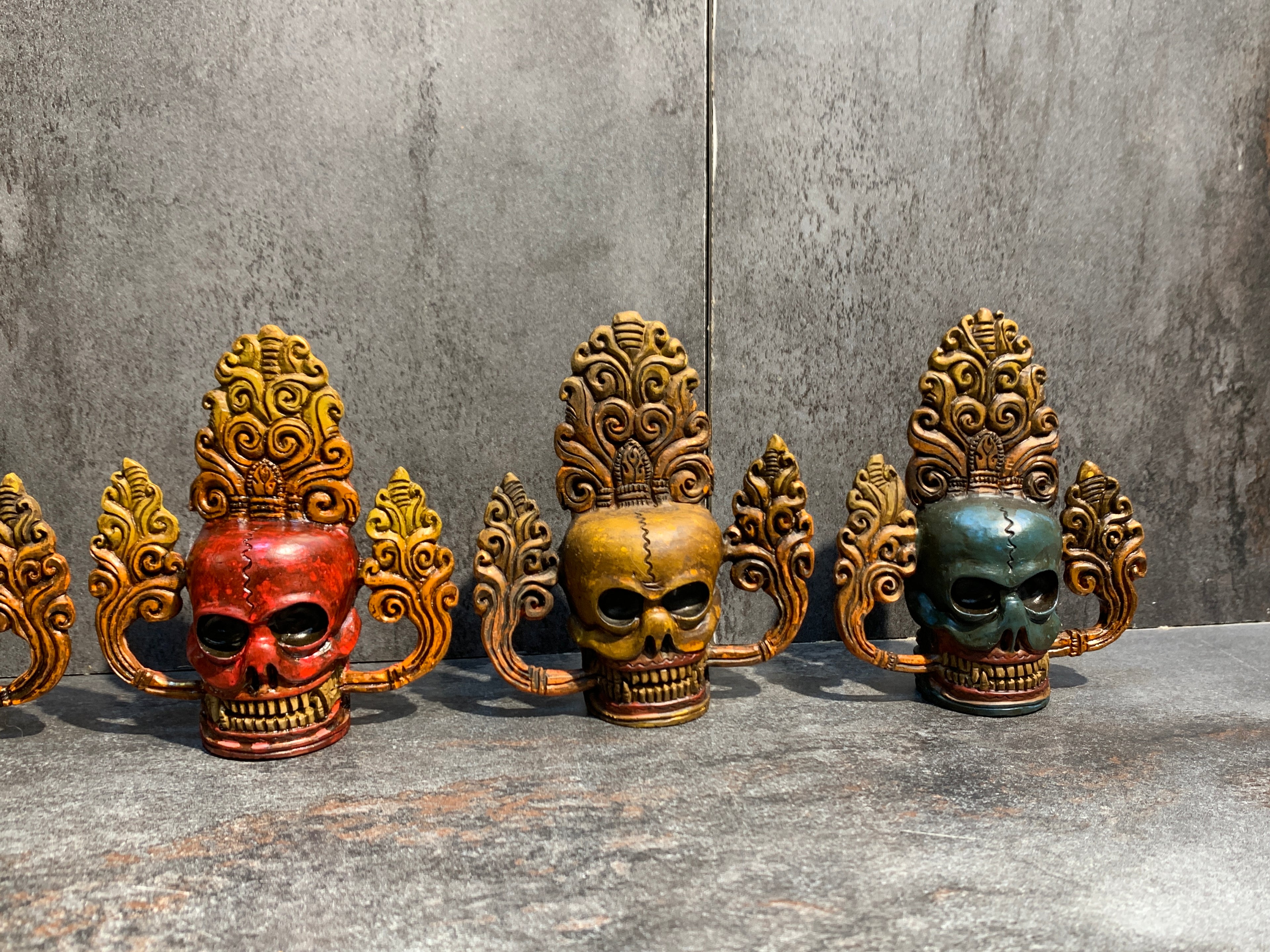 Hand Carved Bone Skulls Set: Antique Finish, representation of Five Poisons