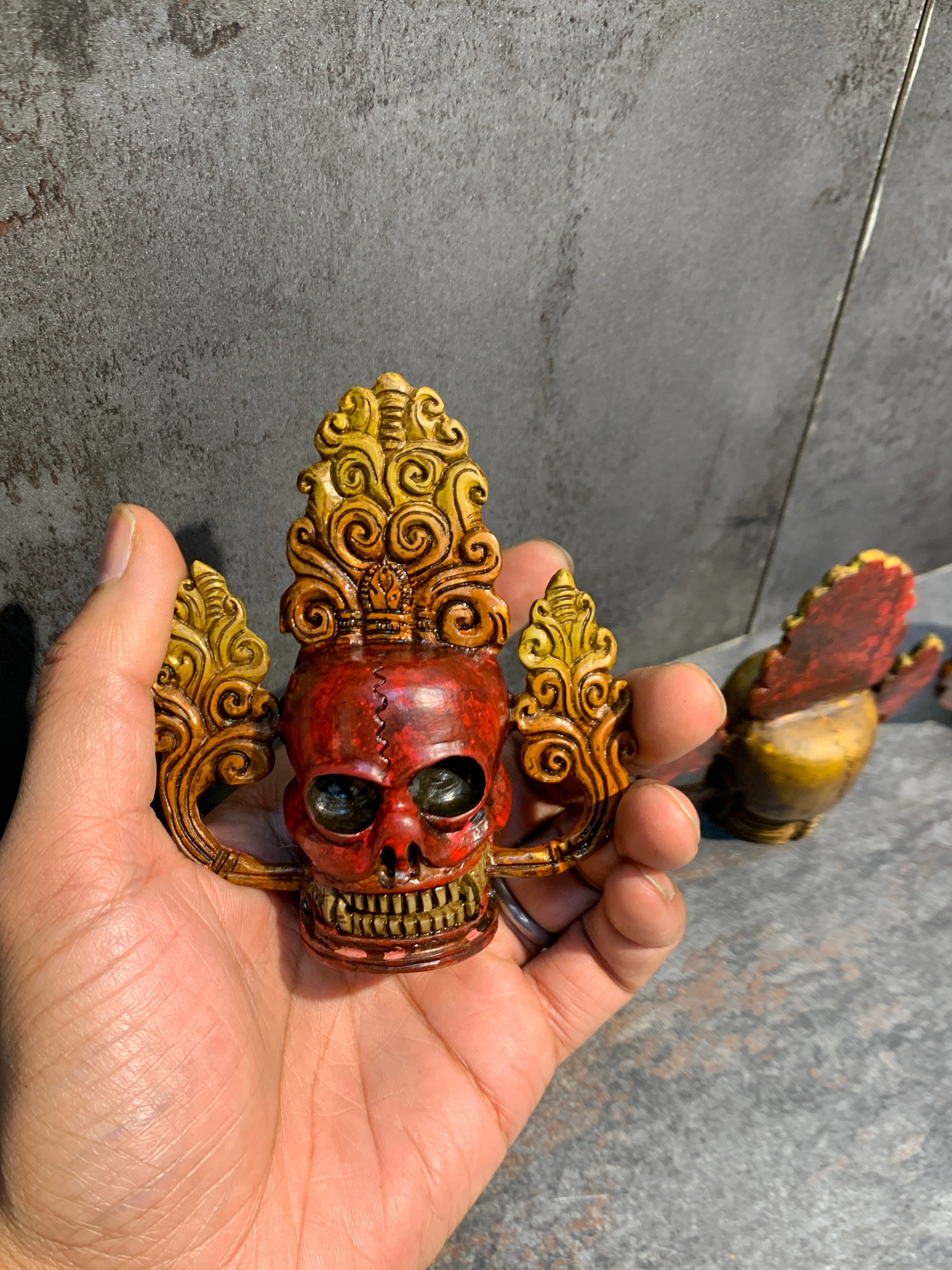 Hand Carved Bone Skulls Set: Antique Finish, representation of Five Poisons
