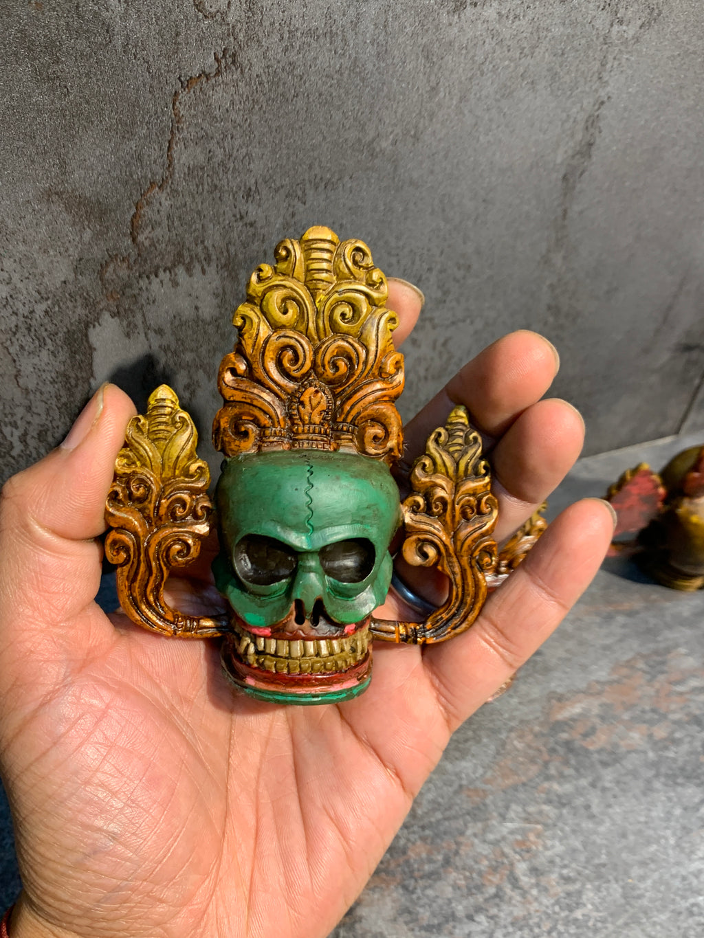 Hand Carved Bone Skulls Set: Antique Finish, representation of Five Poisons