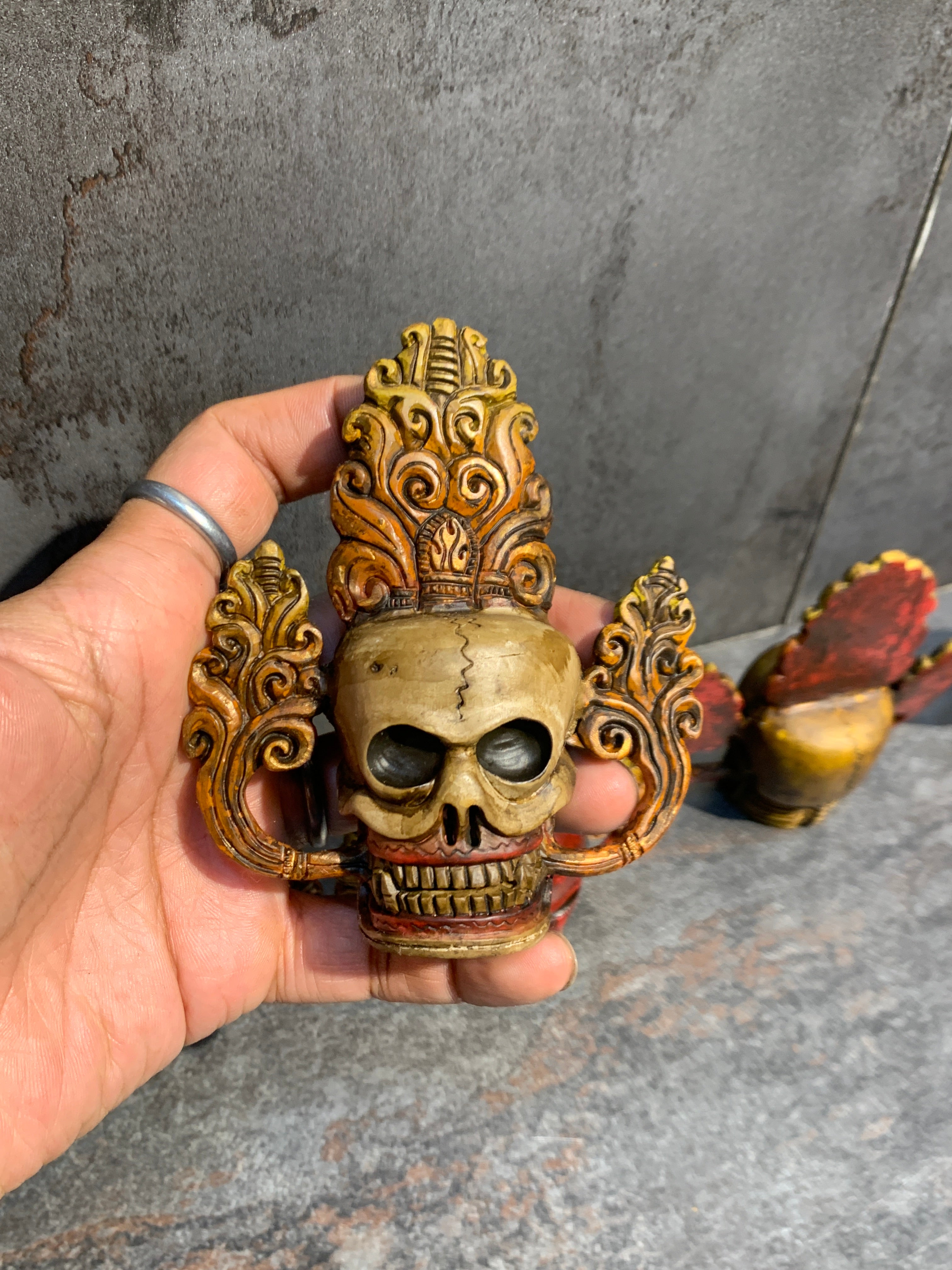 Hand Carved Bone Skulls Set: Antique Finish, representation of Five Poisons