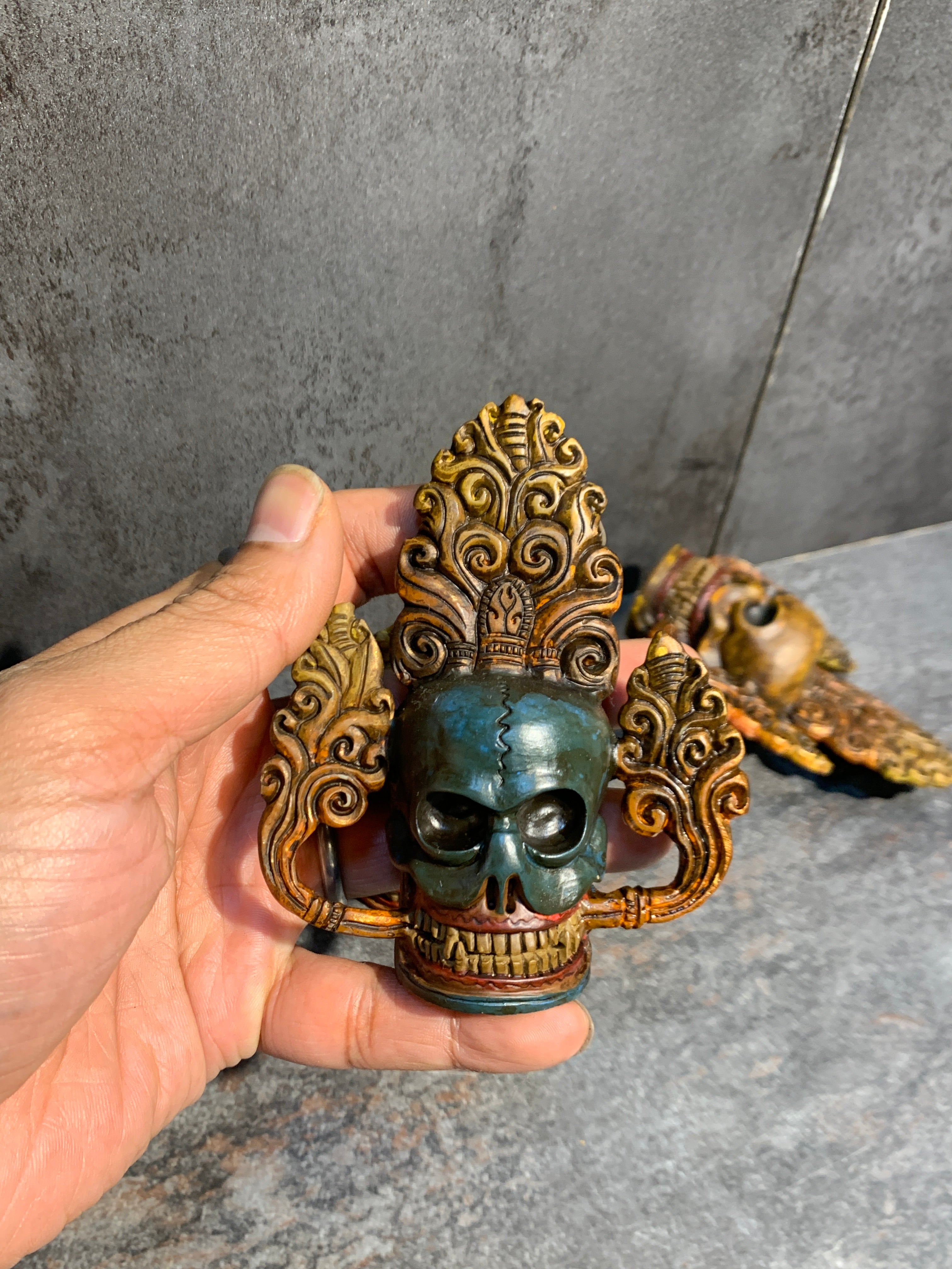 Hand Carved Bone Skulls Set: Antique Finish, representation of Five Poisons