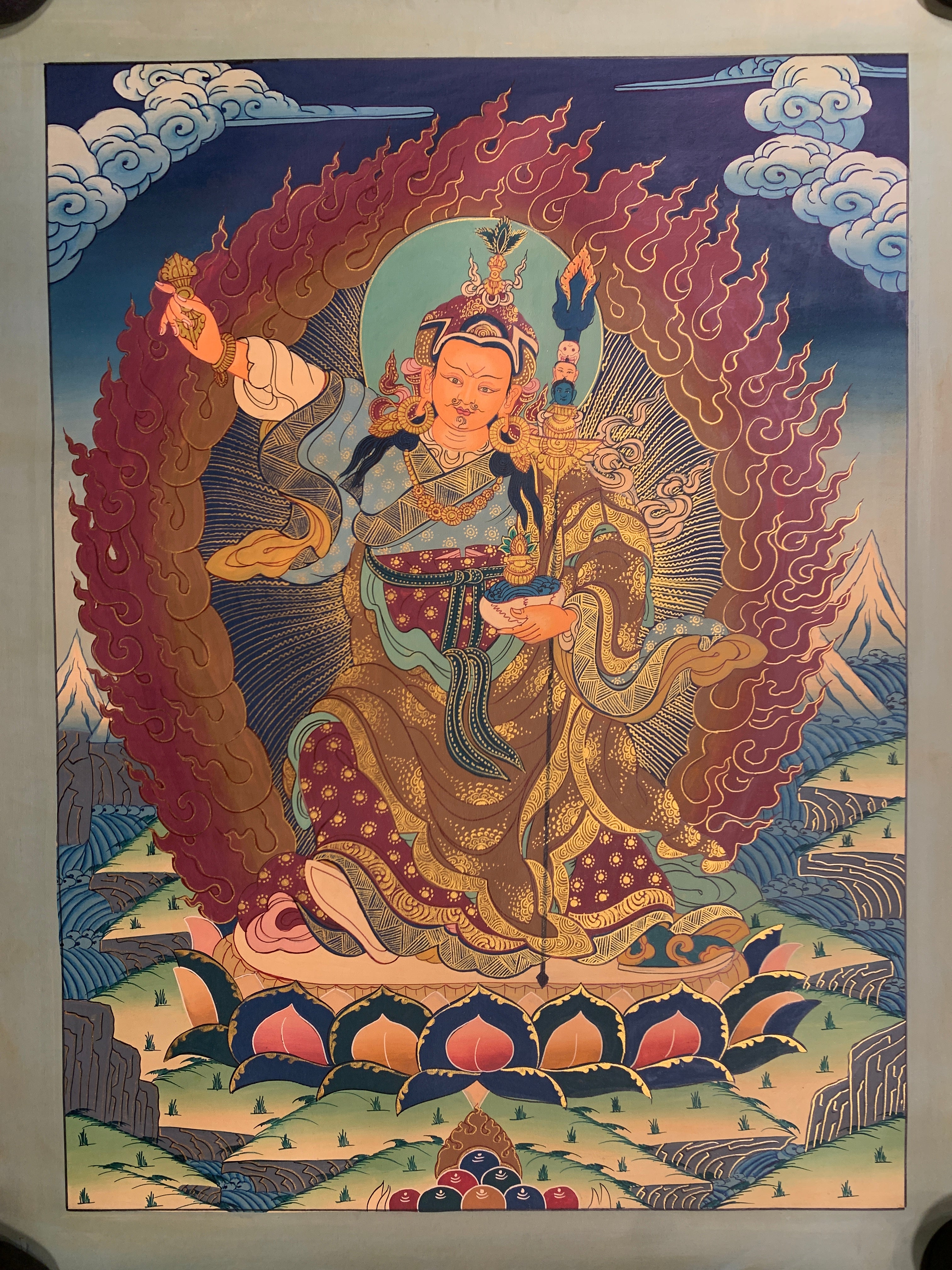 Hand painted Standing guru padmasambhava thangka painting. wish fulfilling guru rinpoche.