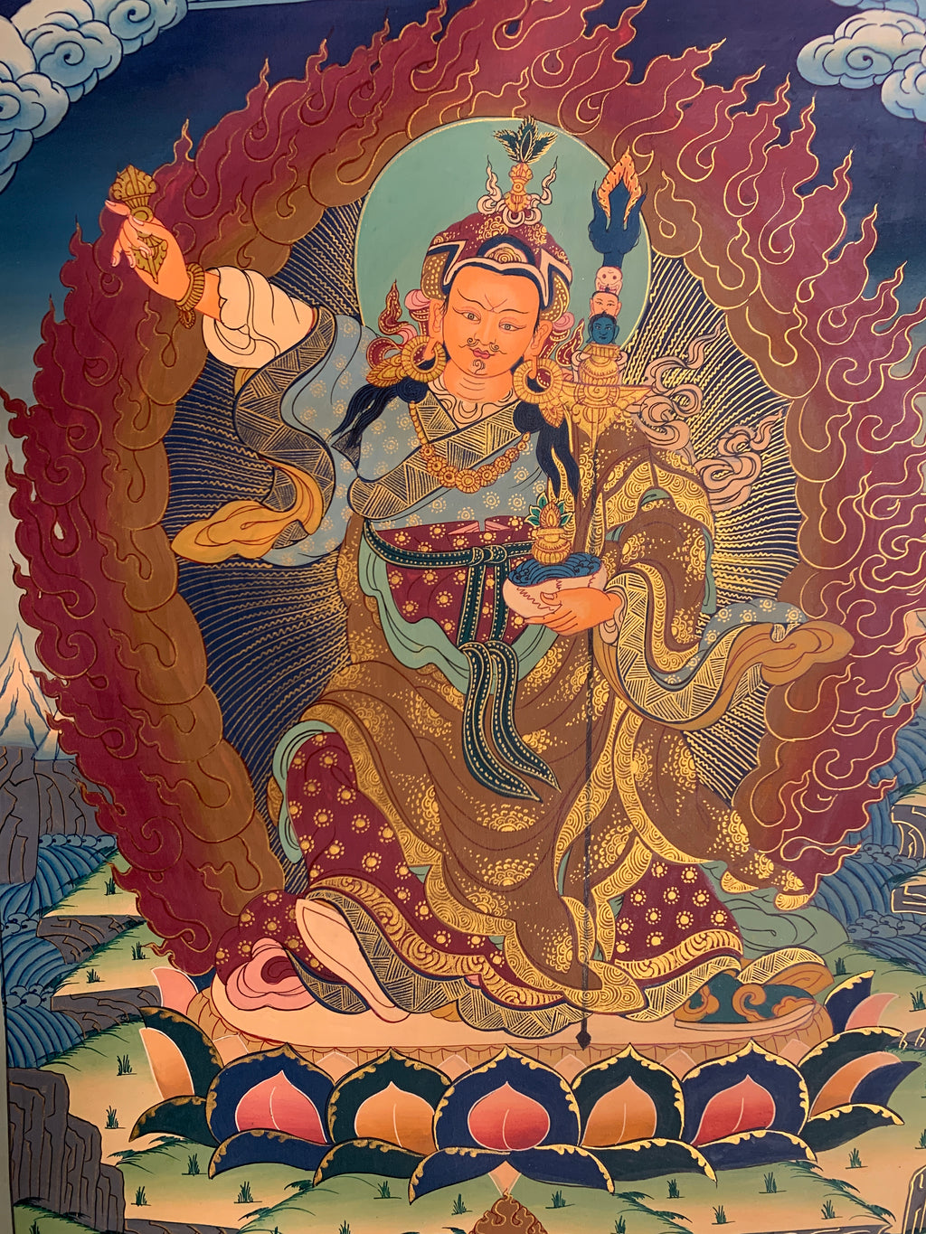 Hand painted Standing guru padmasambhava thangka painting. wish fulfilling guru rinpoche.