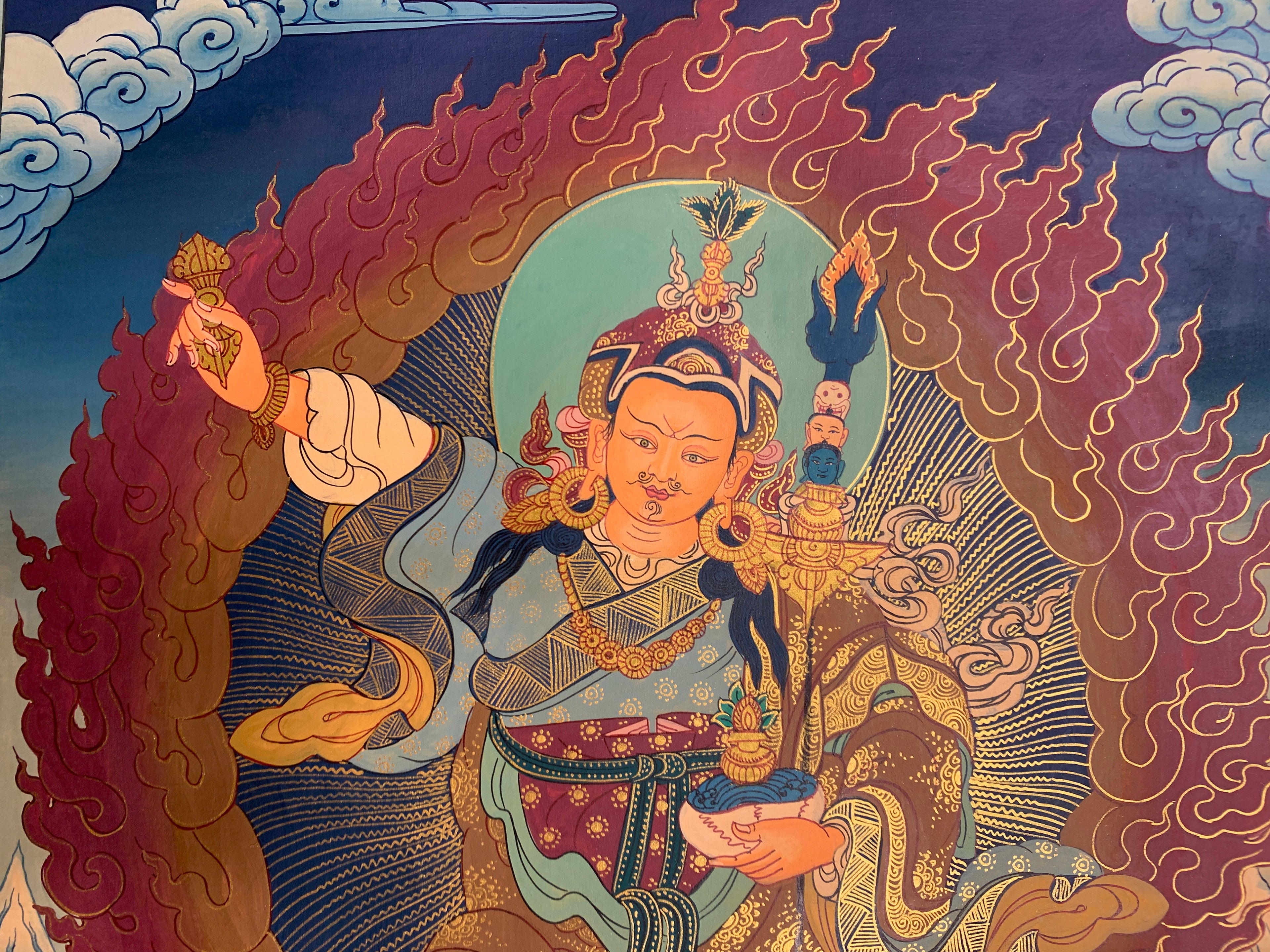 Hand painted Standing guru padmasambhava thangka painting. wish fulfilling guru rinpoche.