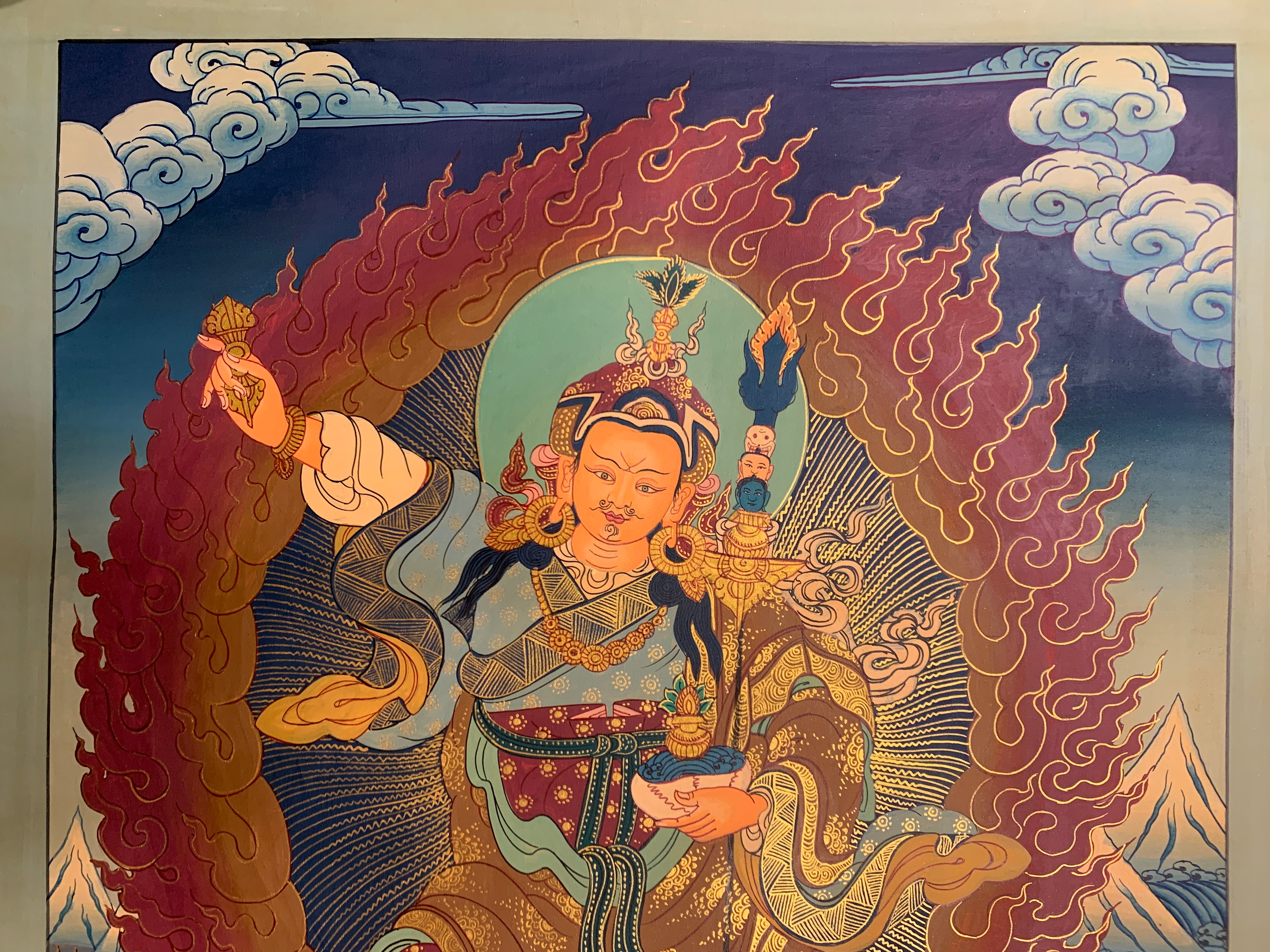 Hand painted Standing guru padmasambhava thangka painting. wish fulfilling guru rinpoche.