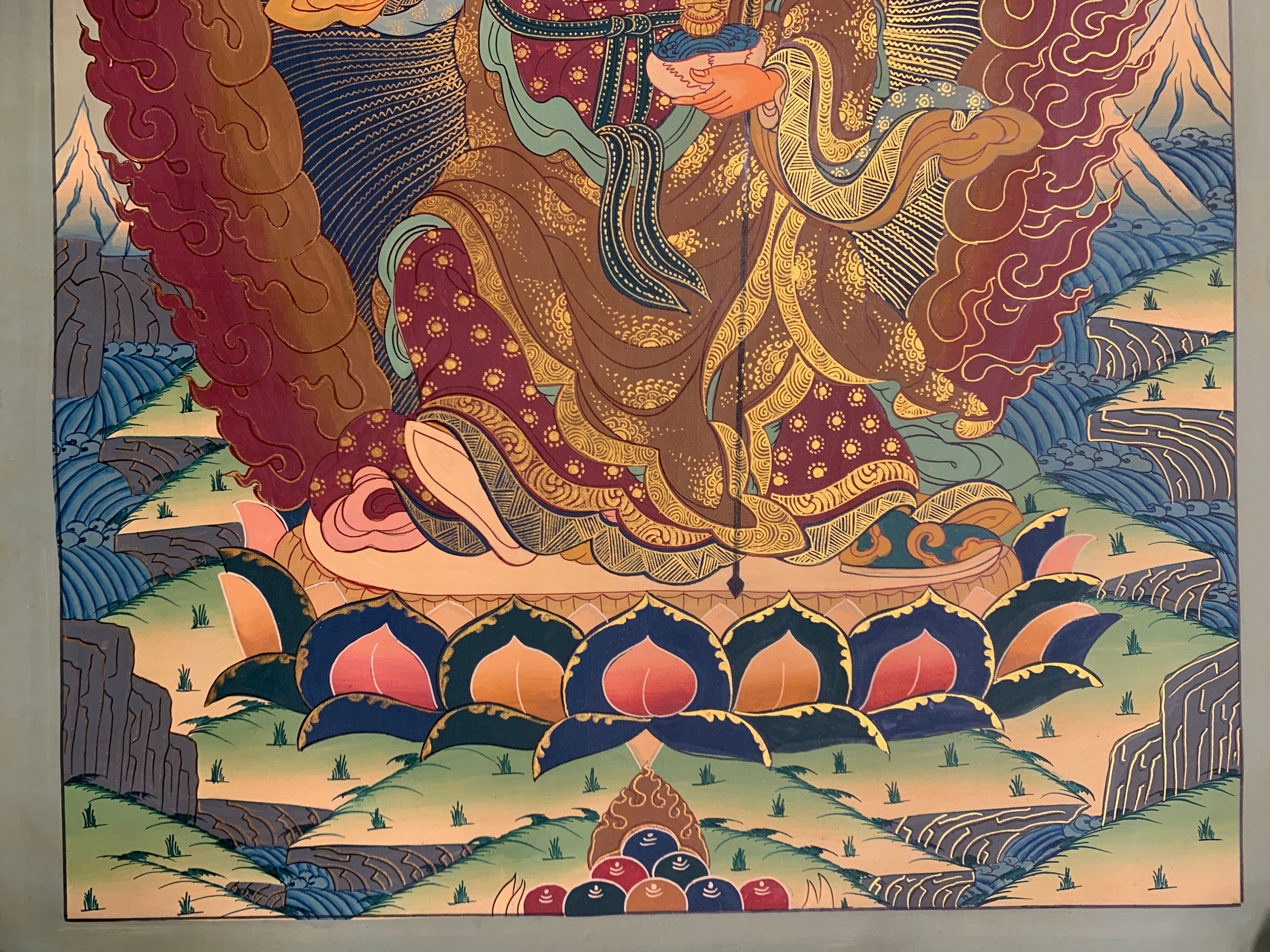Hand painted Standing guru padmasambhava thangka painting. wish fulfilling guru rinpoche.