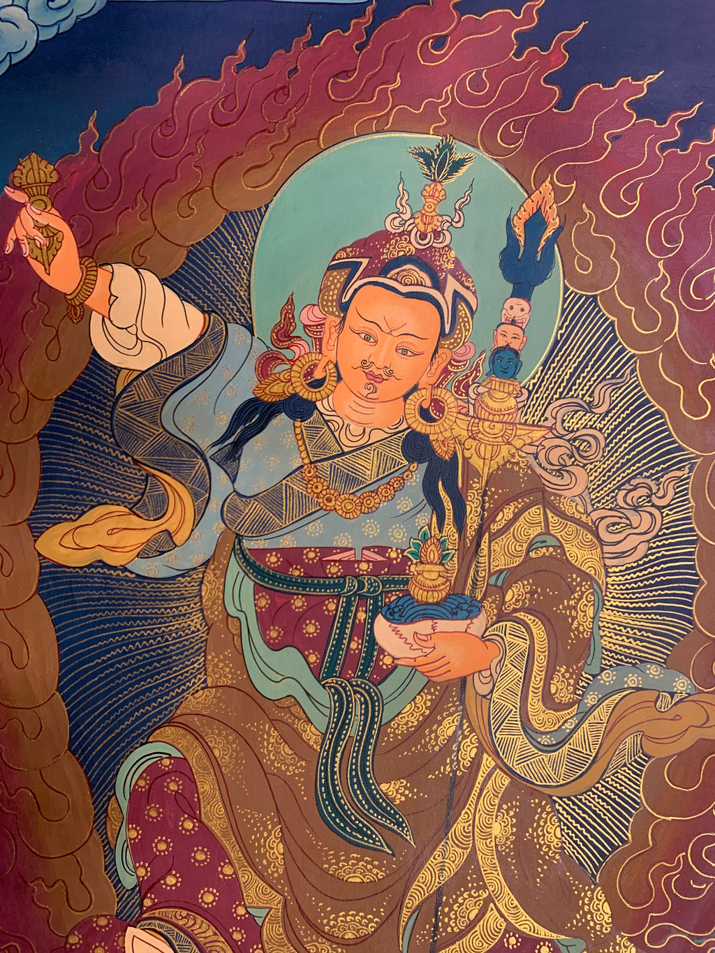 Hand painted Standing guru padmasambhava thangka painting. wish fulfilling guru rinpoche.