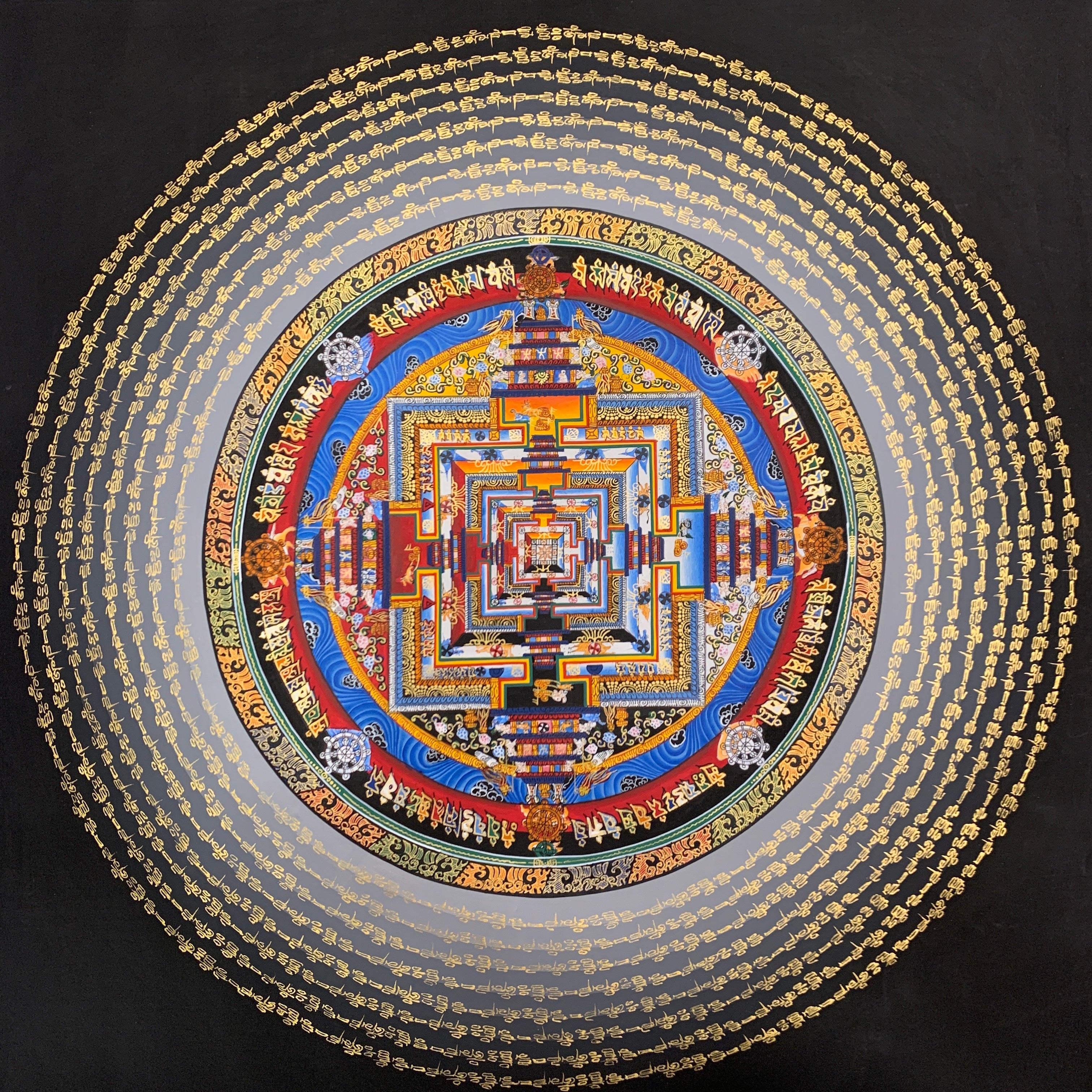Kalachakra mandala thangka. hand painted wheel of time with mantra cycle.