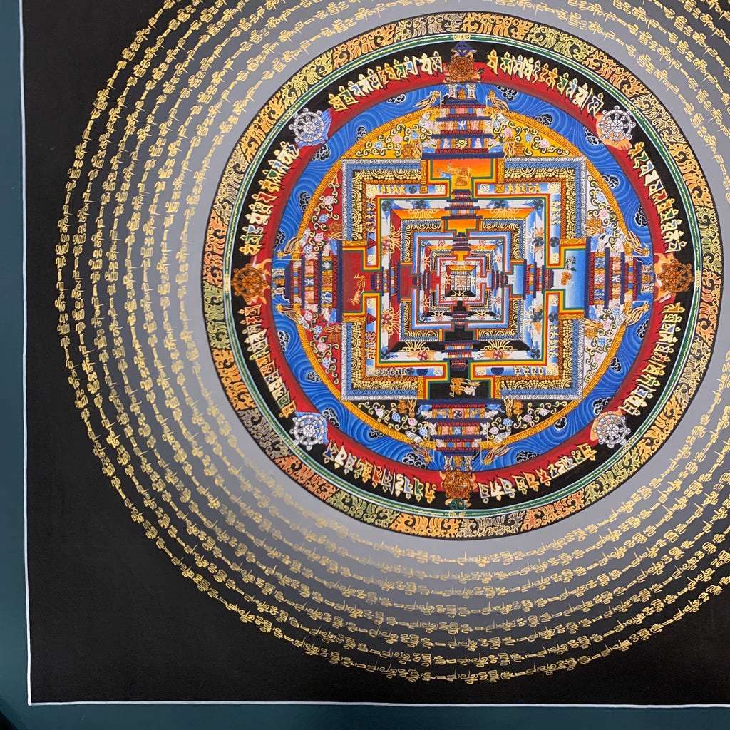 Kalachakra mandala thangka. hand painted wheel of time with mantra cycle.