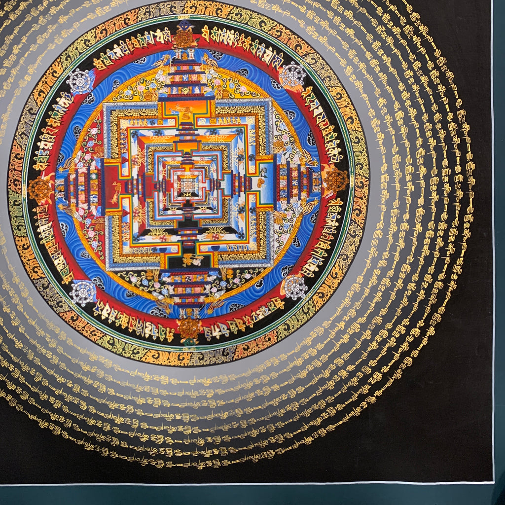 Kalachakra mandala thangka. hand painted wheel of time with mantra cycle.