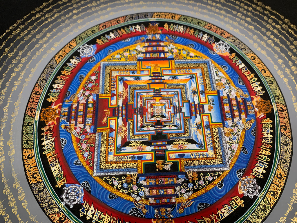 Kalachakra mandala thangka. hand painted wheel of time with mantra cycle.
