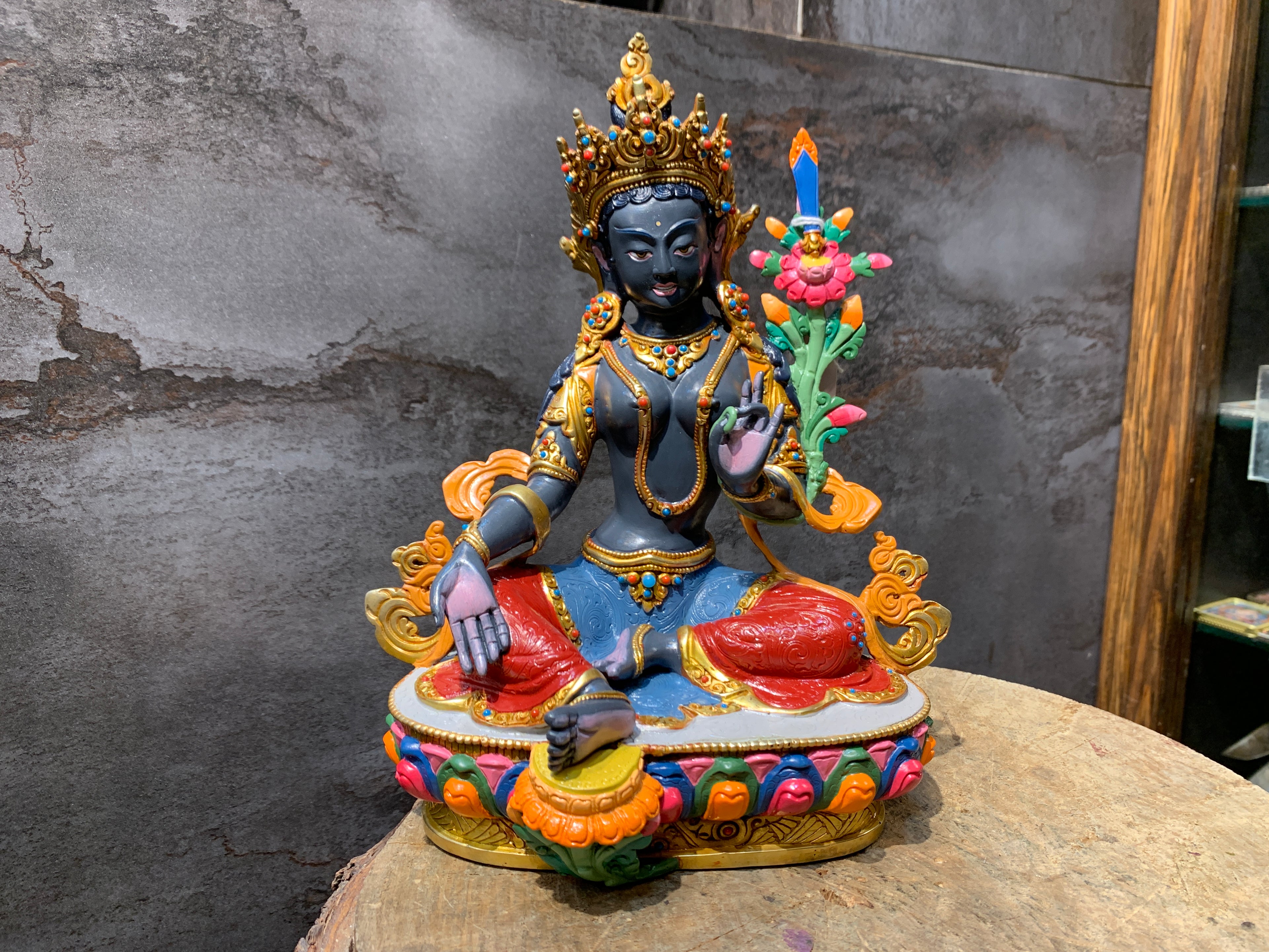 Rare Black Tara Statue. Handcrafted Dolma Nagmo wrathful Tara.