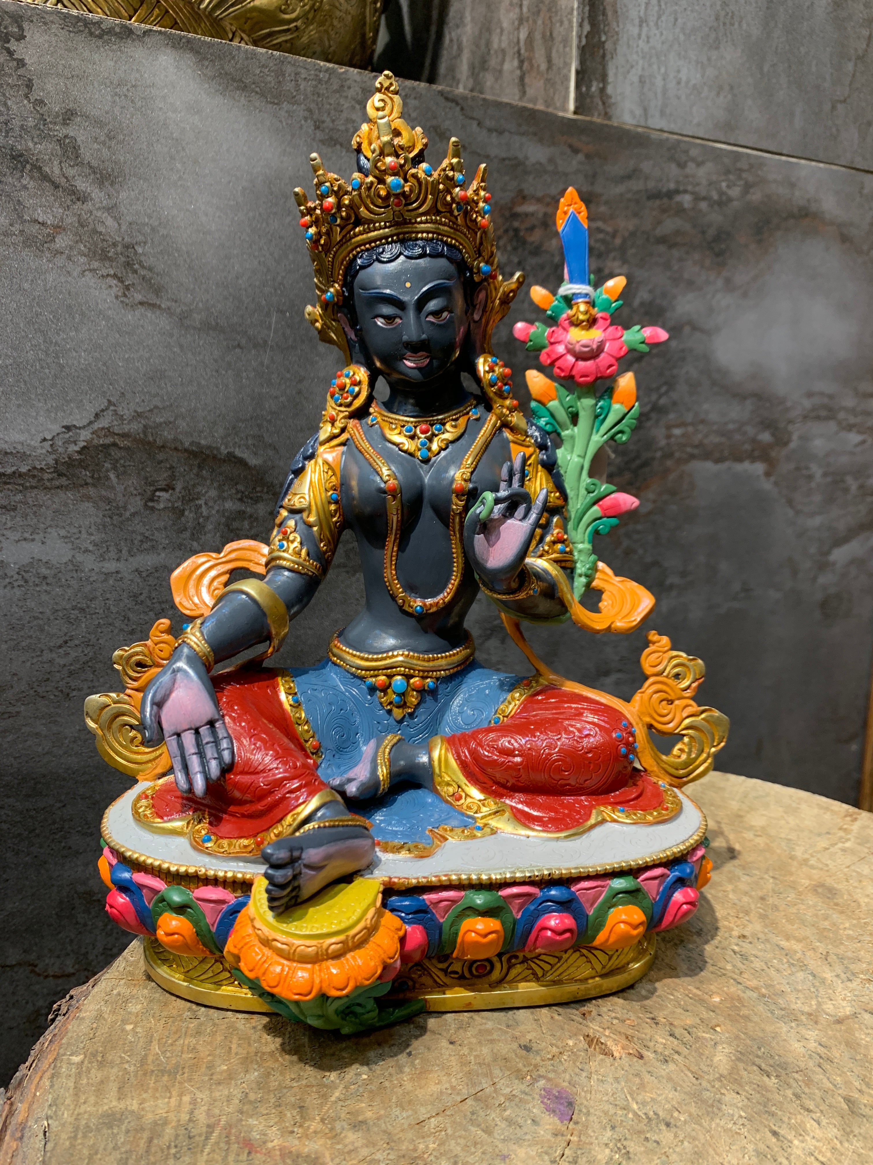 Colorful Black Tara Statue. Handcrafted colorful Black tara. Dolma Nagmo.