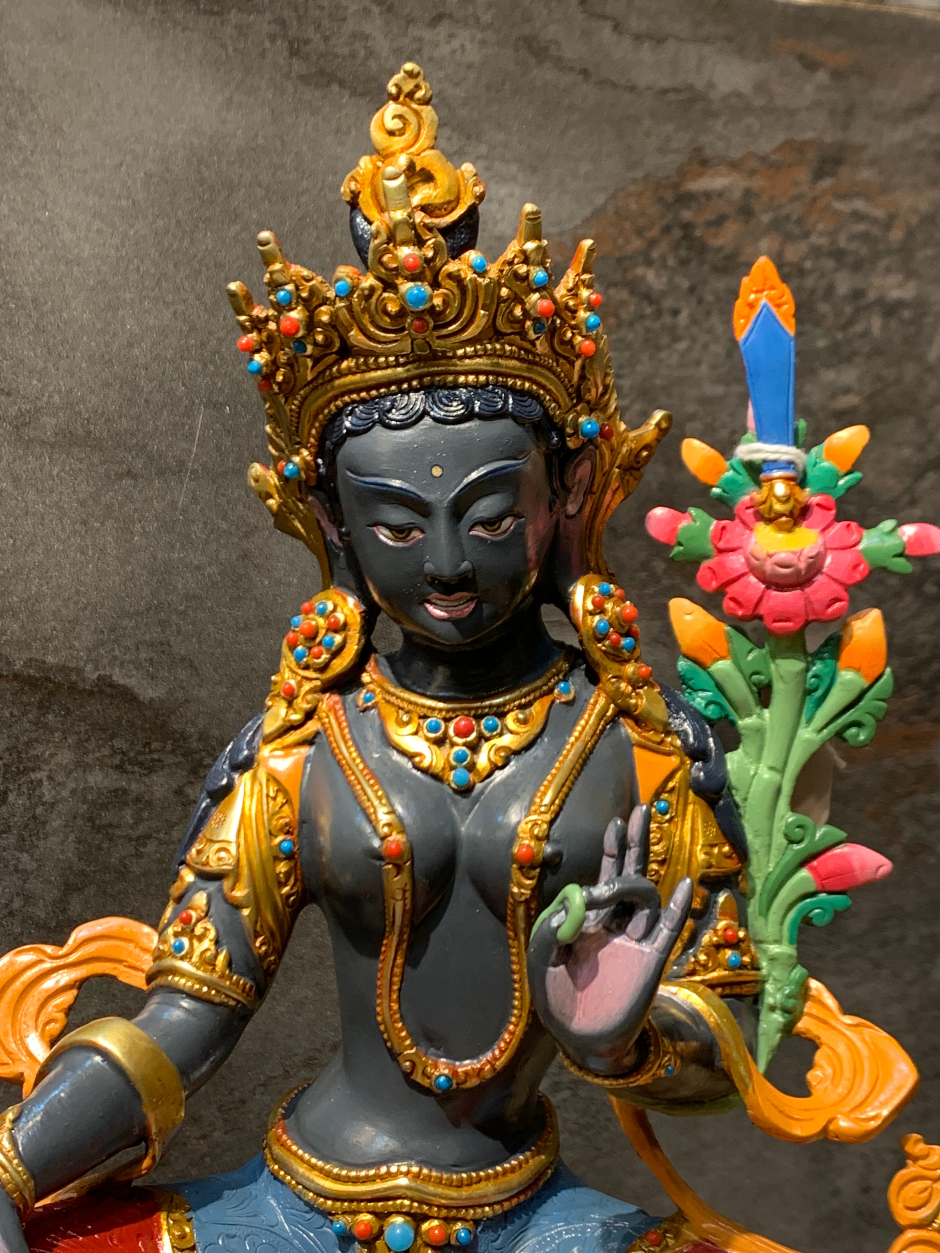 Rare Black Tara Statue. Handcrafted Dolma Nagmo wrathful Tara.