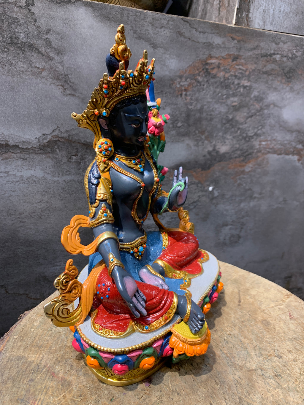 Colorful Black Tara Statue. Handcrafted colorful Black tara. Dolma Nagmo.