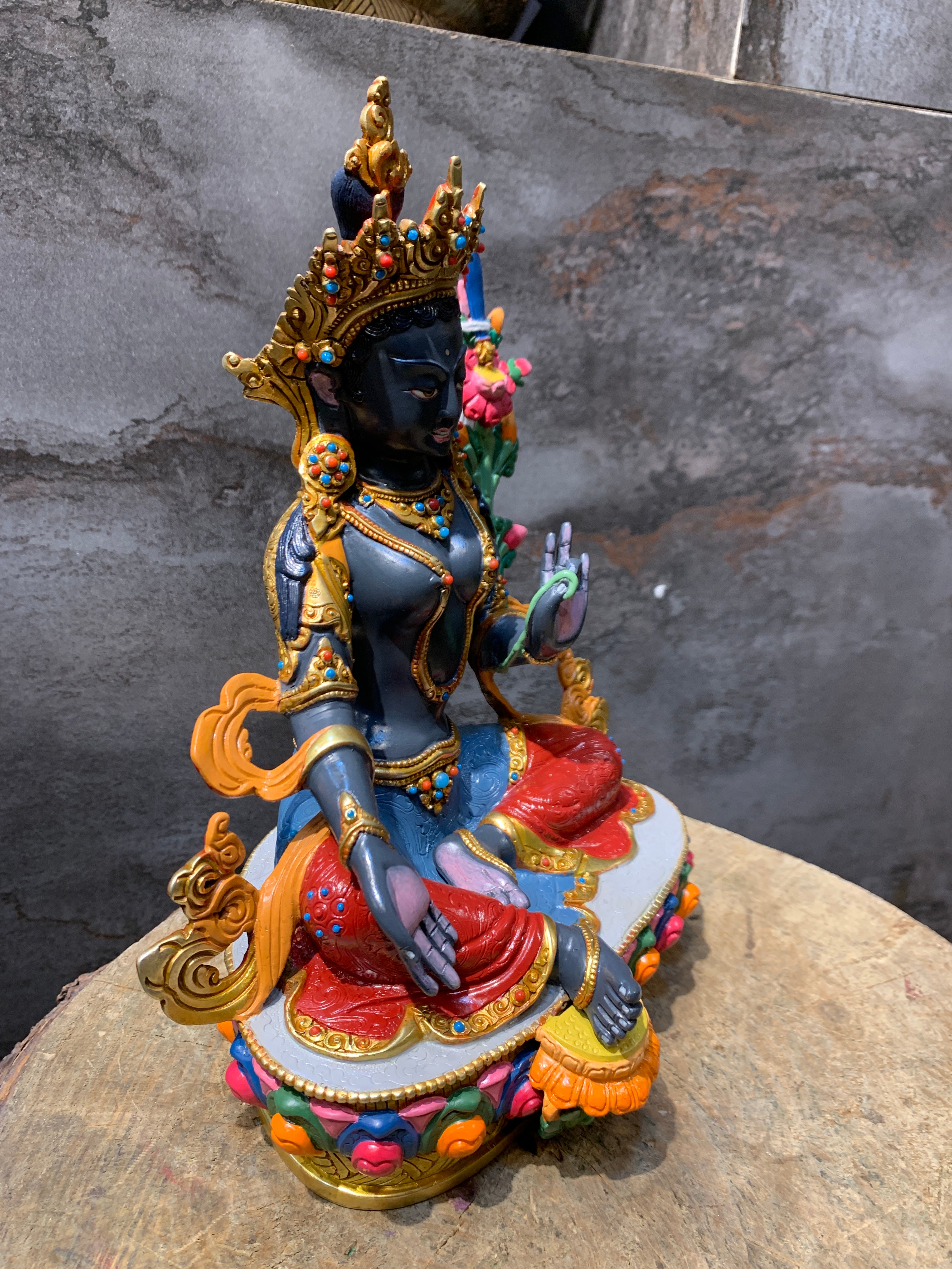 Colorful Black Tara Statue. Handcrafted colorful Black tara. Dolma Nagmo.