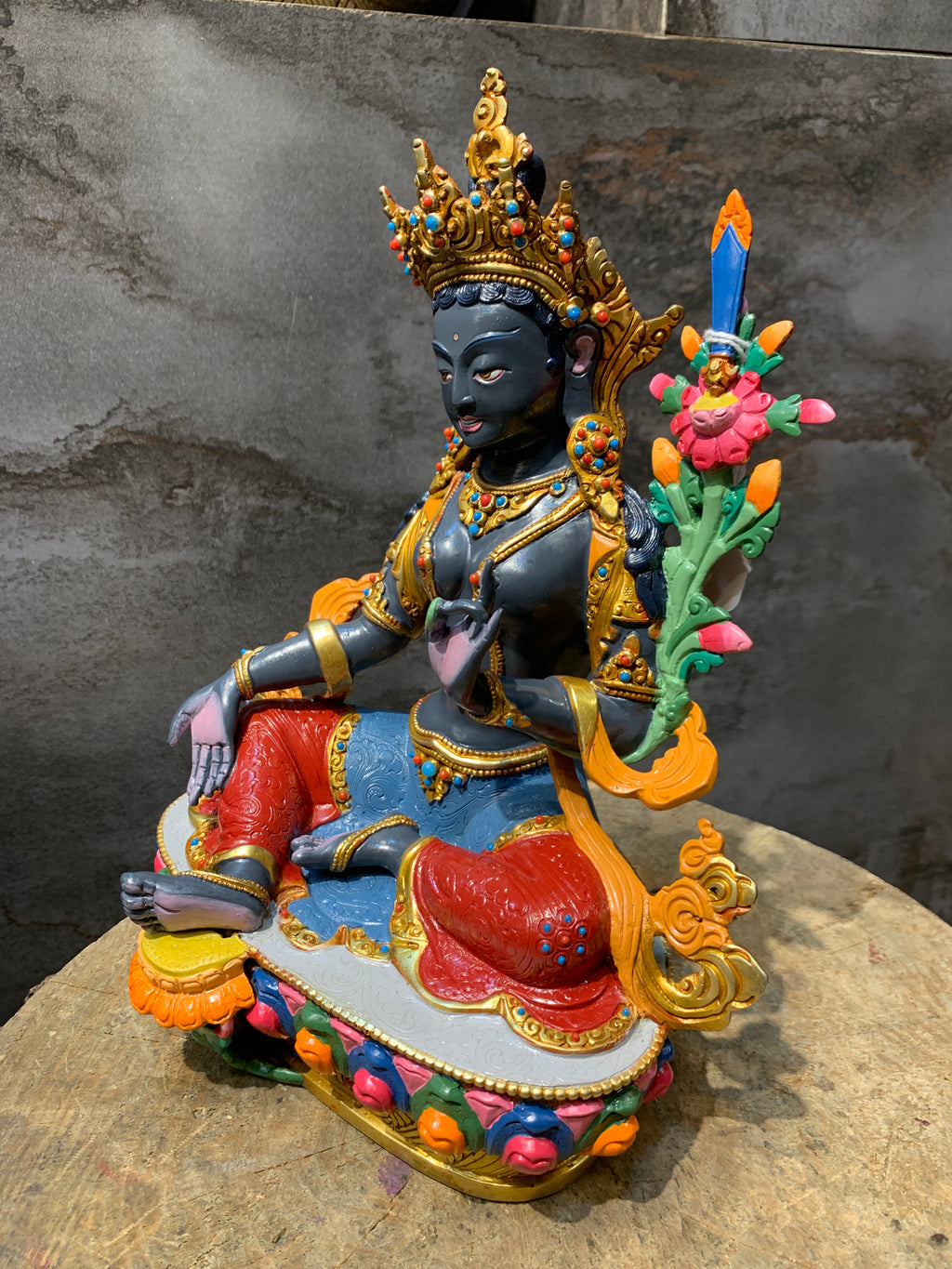 Rare Black Tara Statue. Handcrafted Dolma Nagmo wrathful Tara.