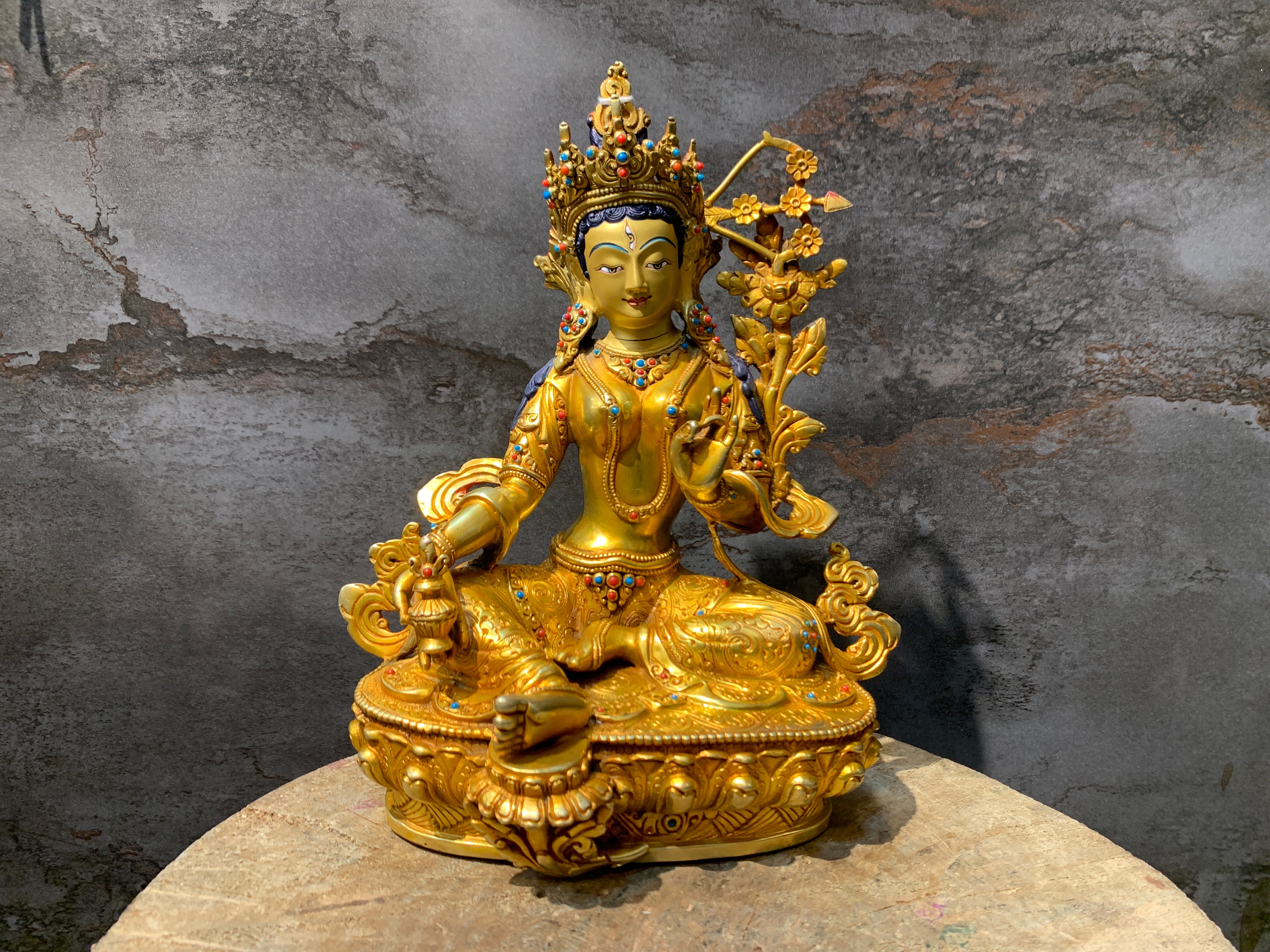 Hand carved Rare Red Tara Statue. Dolma marmo. 24k gold painted face.