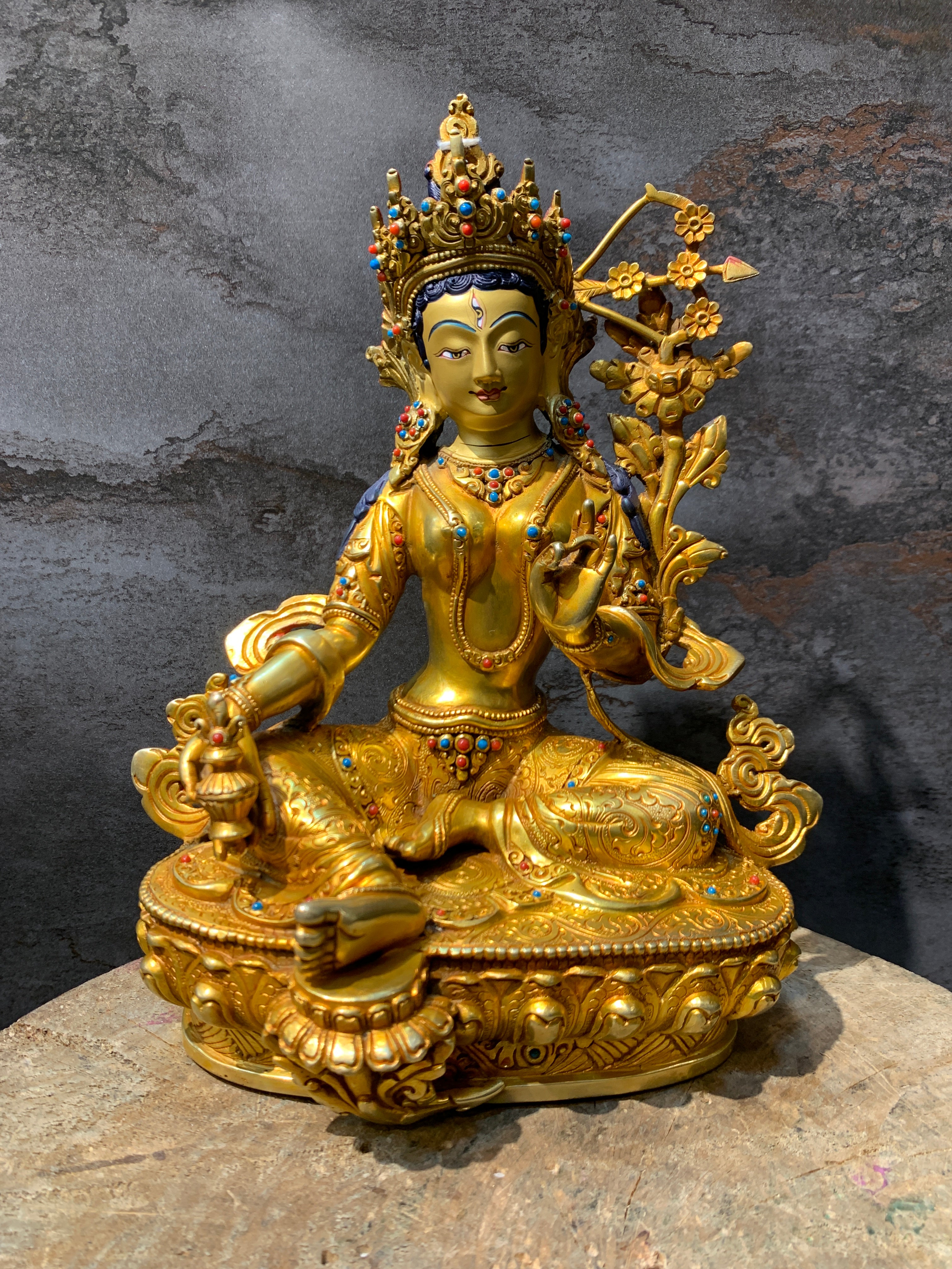 Hand carved Rare Red Tara Statue. Dolma marmo. 24k gold painted face.