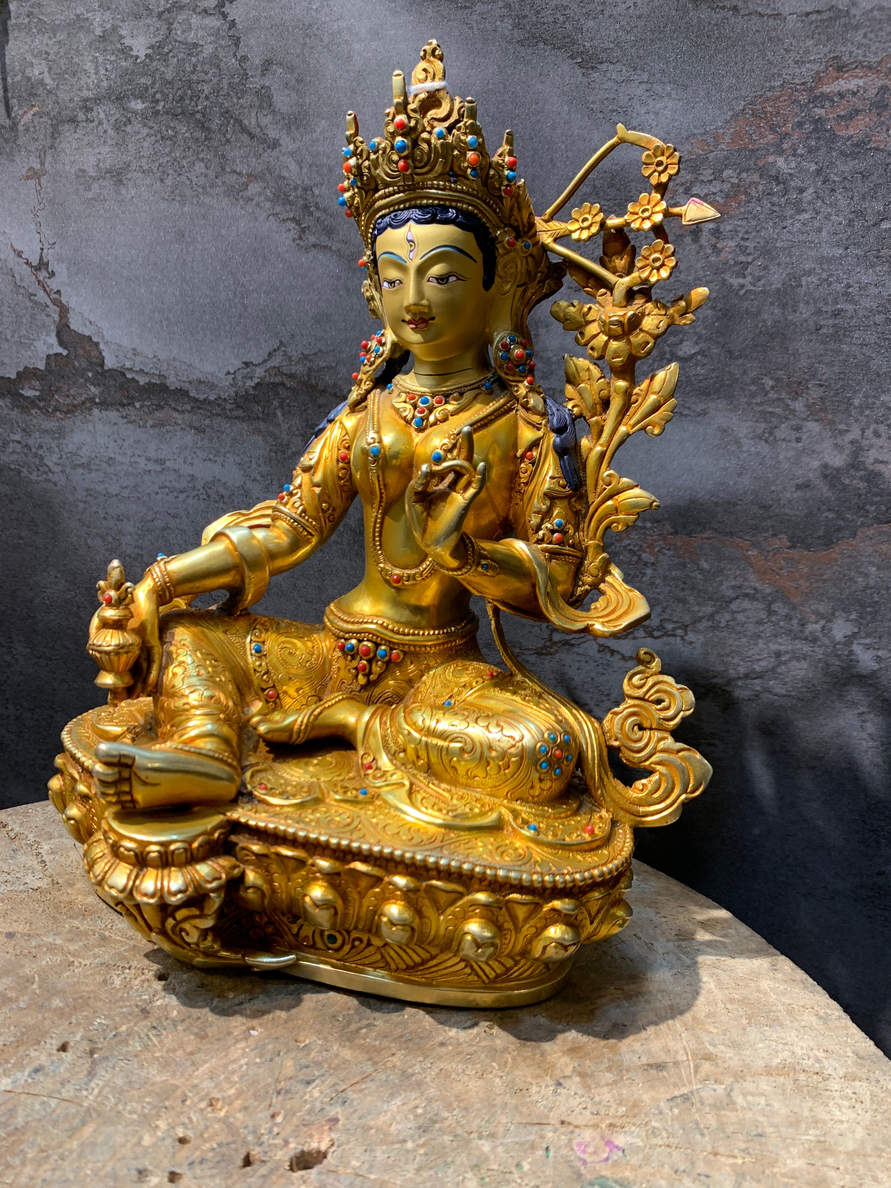 Hand carved Rare Red Tara Statue. Dolma marmo. 24k gold painted face.