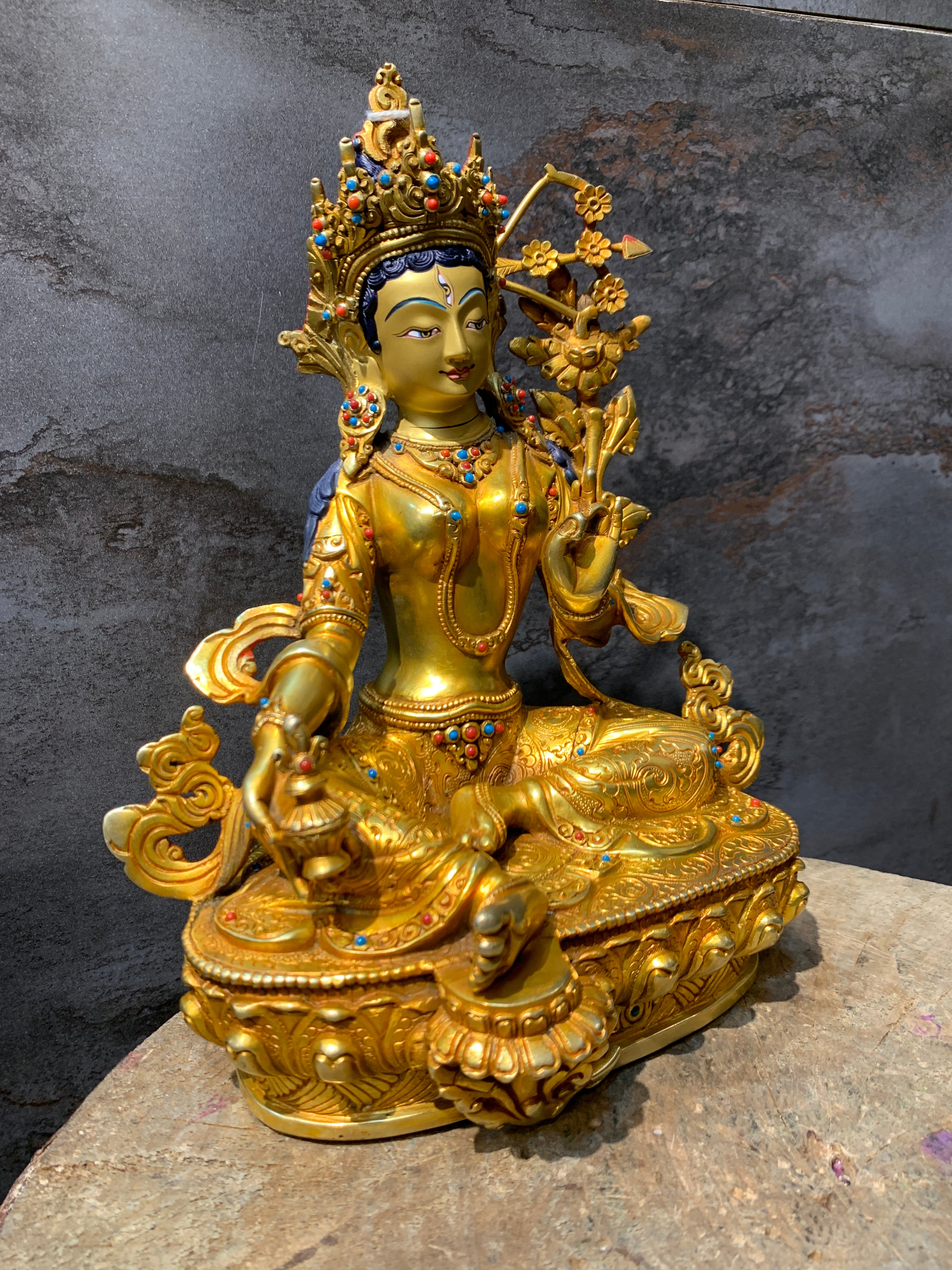 Hand carved Rare Red Tara Statue. Dolma marmo. 24k gold painted face.