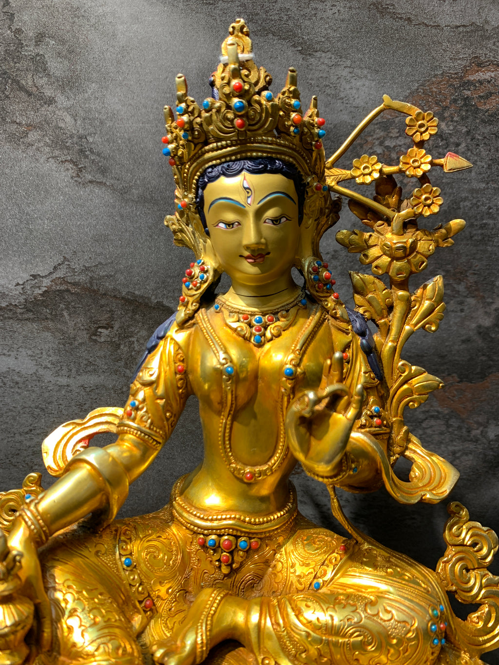 Hand carved Rare Red Tara Statue. Dolma marmo. 24k gold painted face.