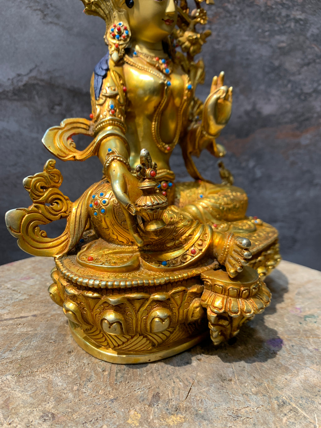 Hand carved Rare Red Tara Statue. Dolma marmo. 24k gold painted face.
