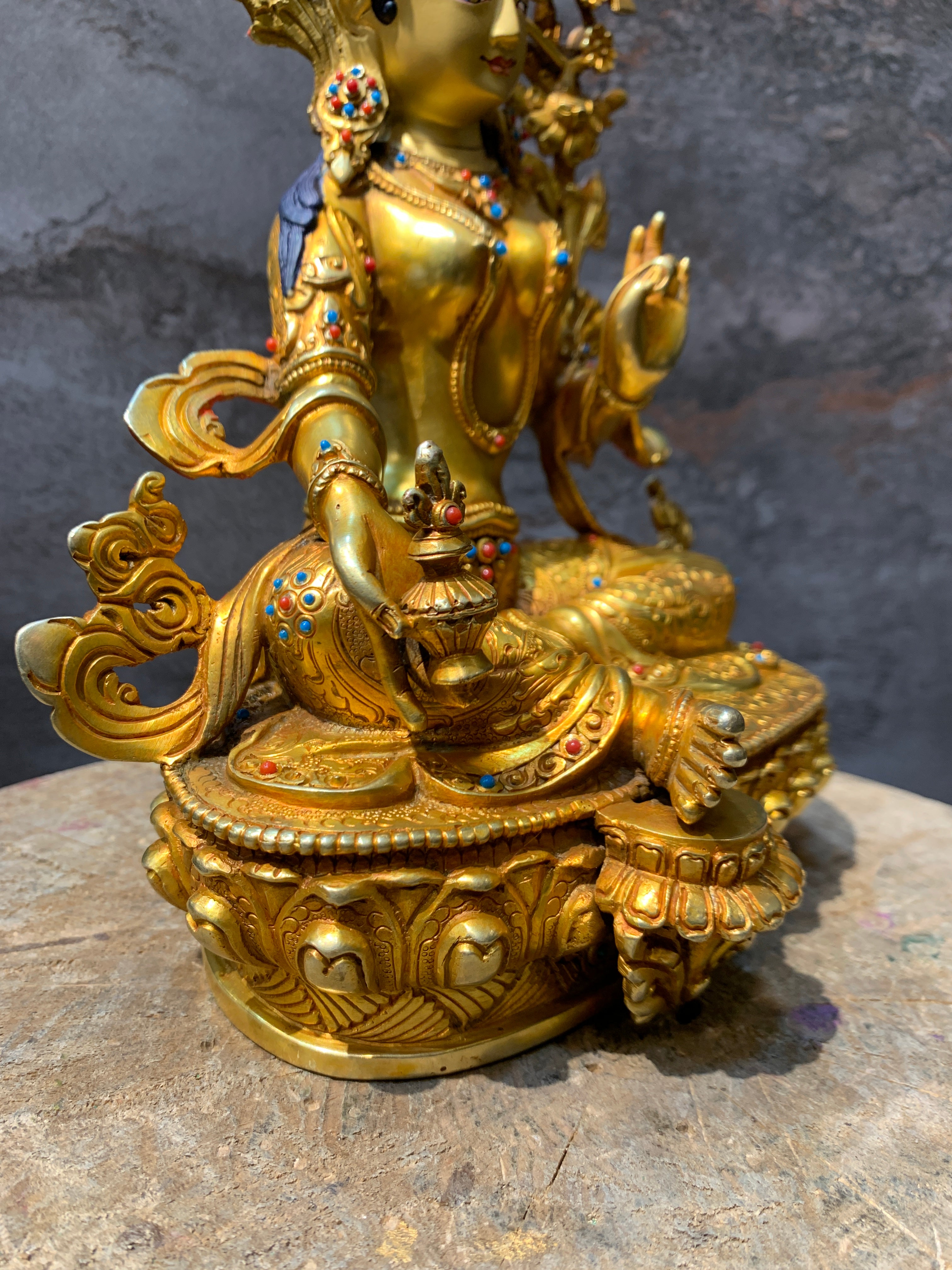 Hand carved Rare Red Tara Statue. Dolma marmo. 24k gold painted face.