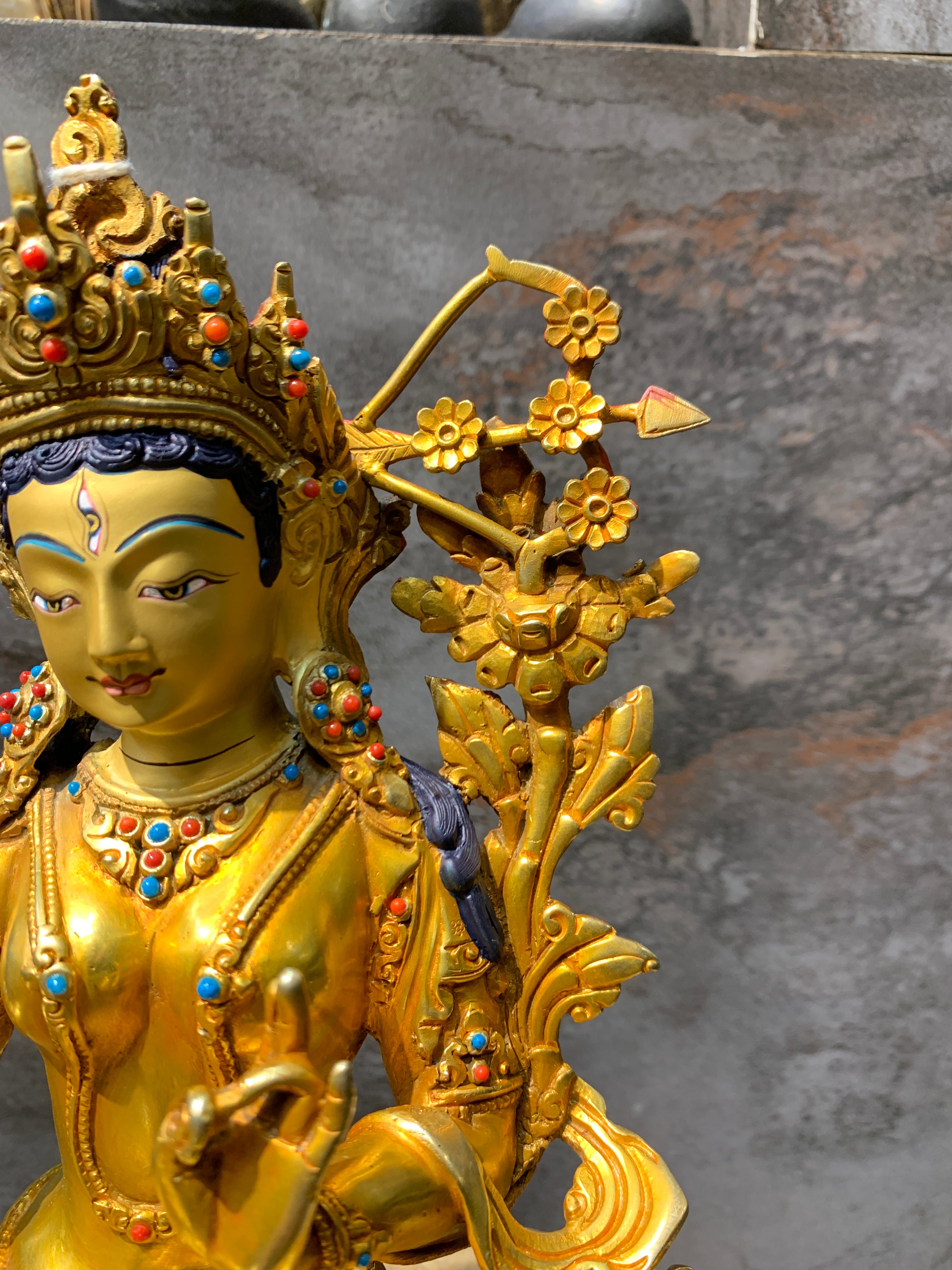 Hand carved Rare Red Tara Statue. Dolma marmo. 24k gold painted face.