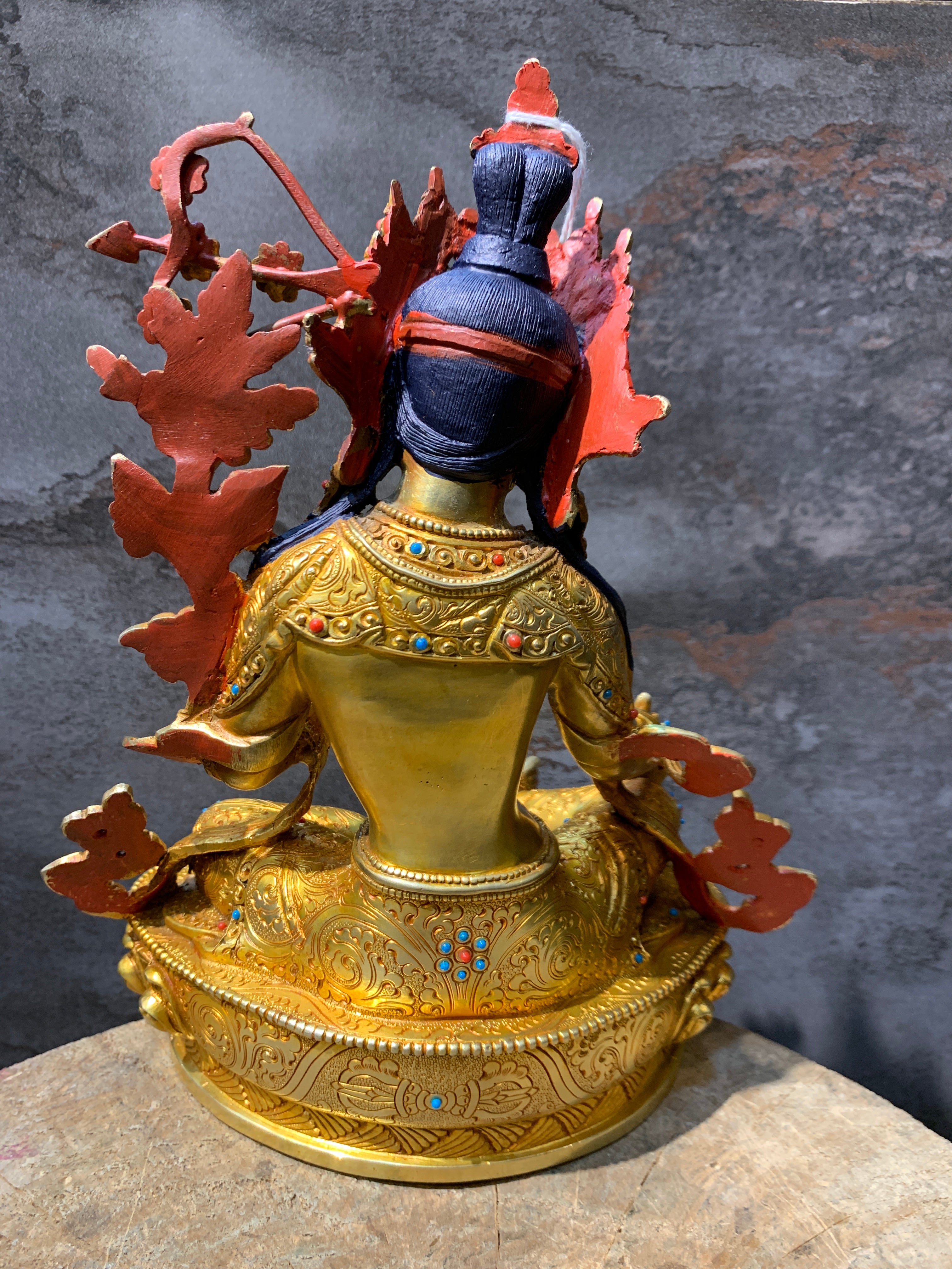 Hand carved Rare Red Tara Statue. Dolma marmo. 24k gold painted face.