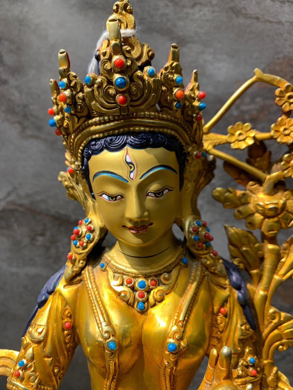 Hand carved Rare Red Tara Statue. Dolma marmo. 24k gold painted face.