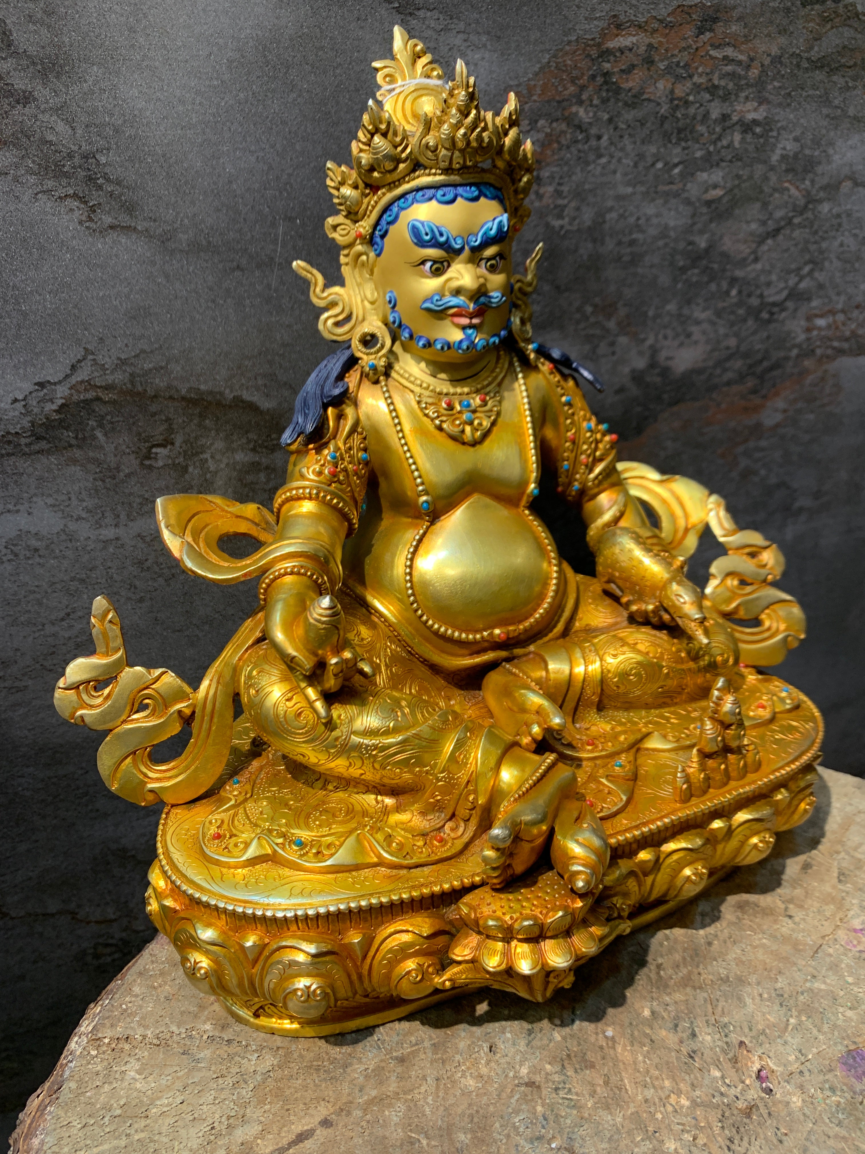 Handcrafted Gold gilt Yellow Dzambhala statue. copper statue of kuber. the god of wealth.