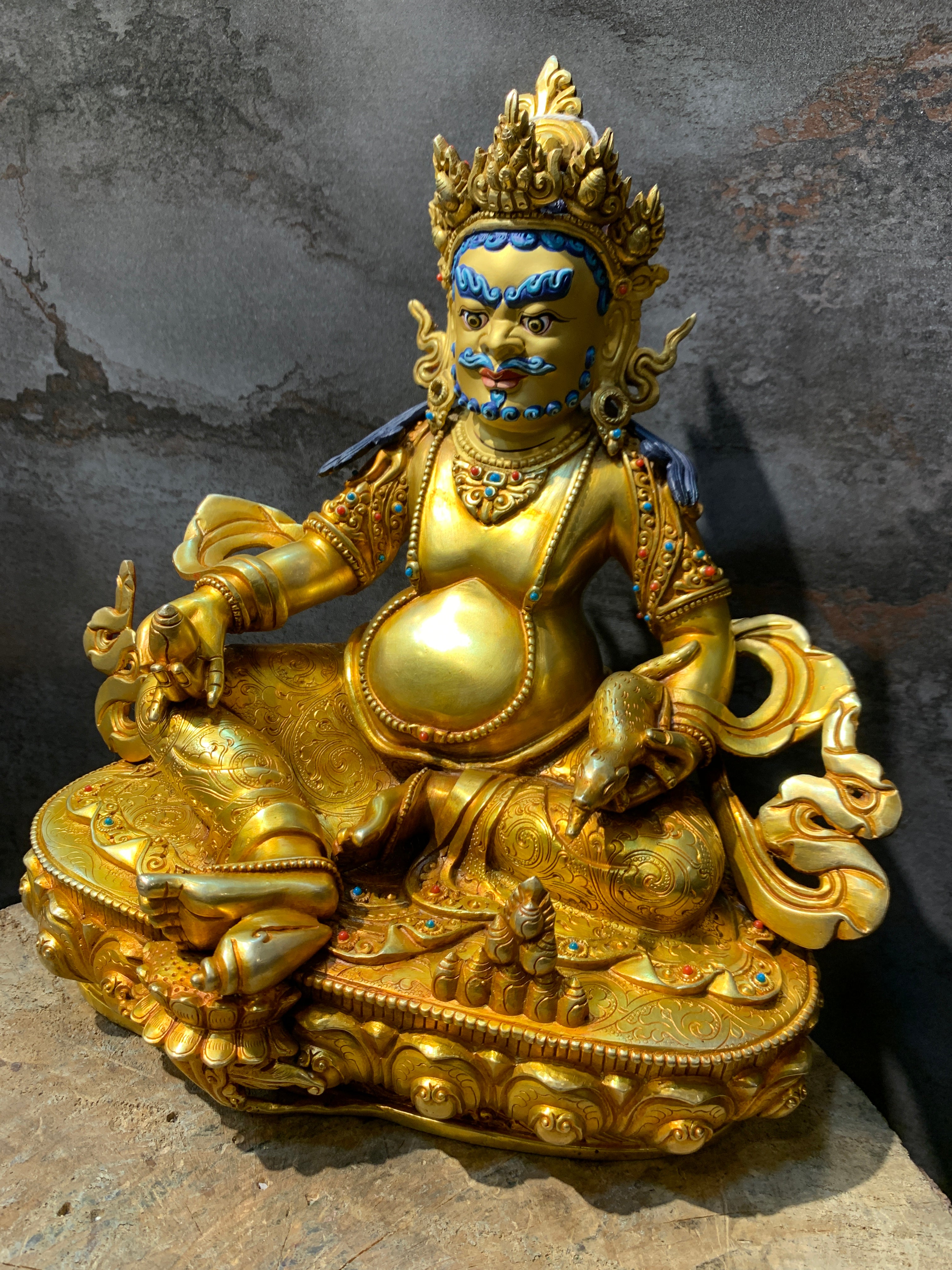 Handcrafted Gold gilt Yellow Dzambhala statue. copper statue of kuber. the god of wealth.