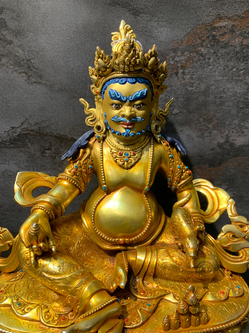 Handcrafted Gold gilt Yellow Dzambhala statue. copper statue of kuber. the god of wealth.