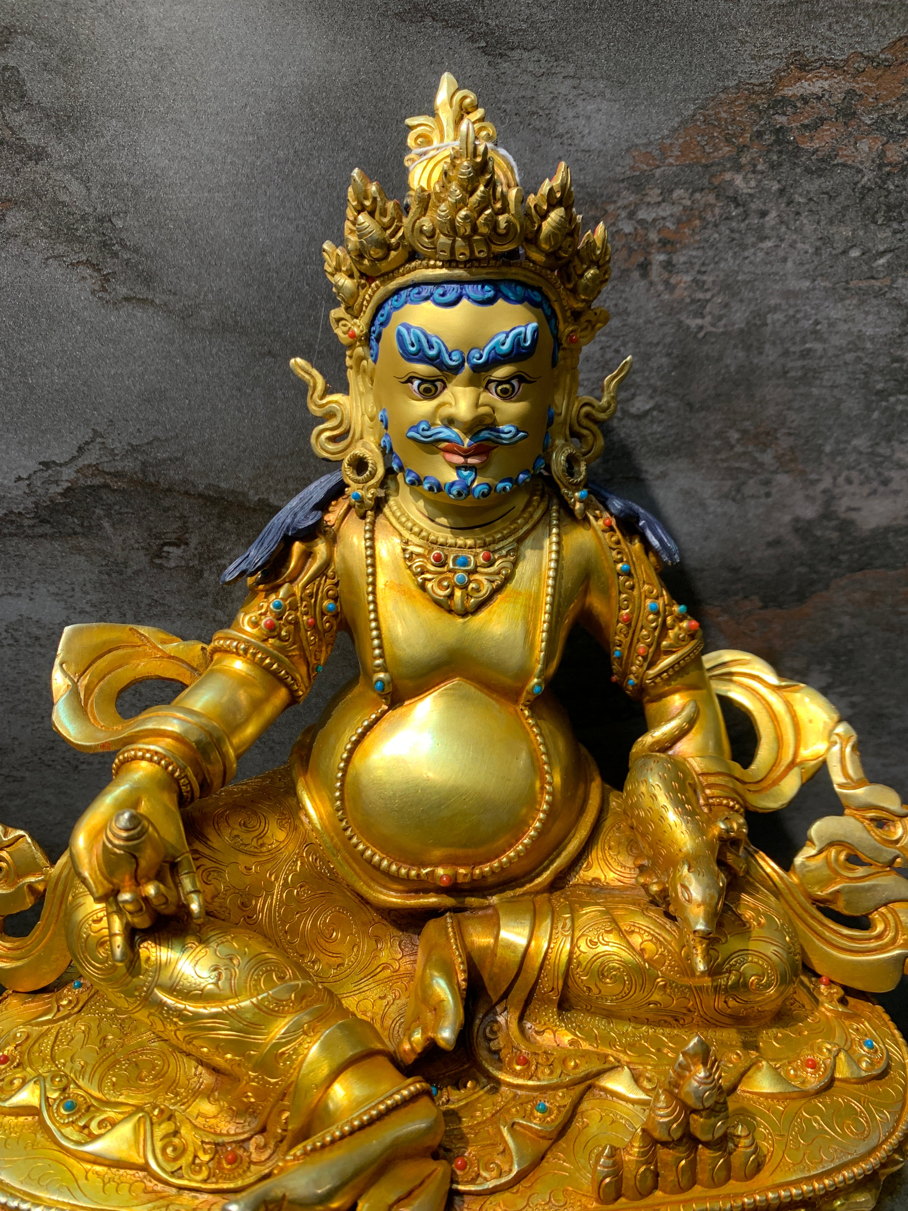 Handcrafted Gold gilt Yellow Dzambhala statue. copper statue of kuber. the god of wealth.