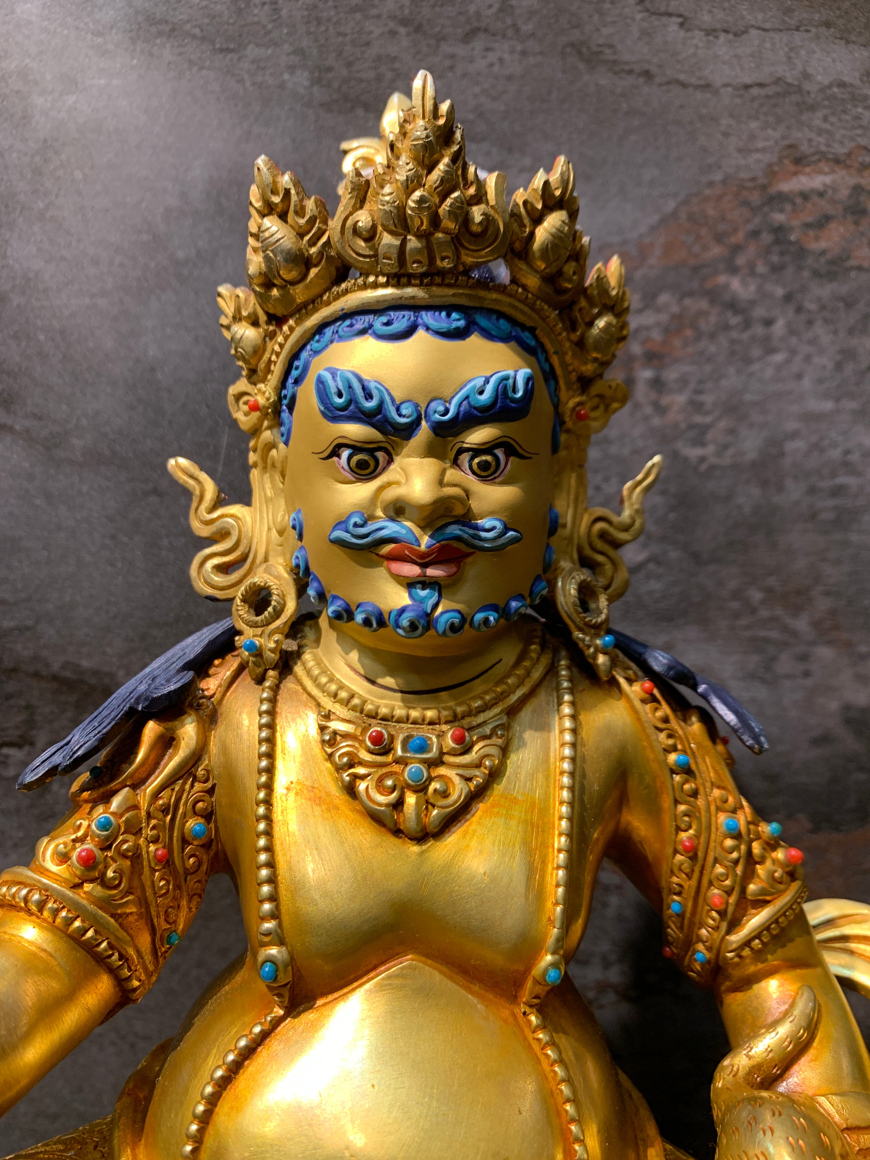 Handcrafted Gold gilt Yellow Dzambhala statue. copper statue of kuber. the god of wealth.