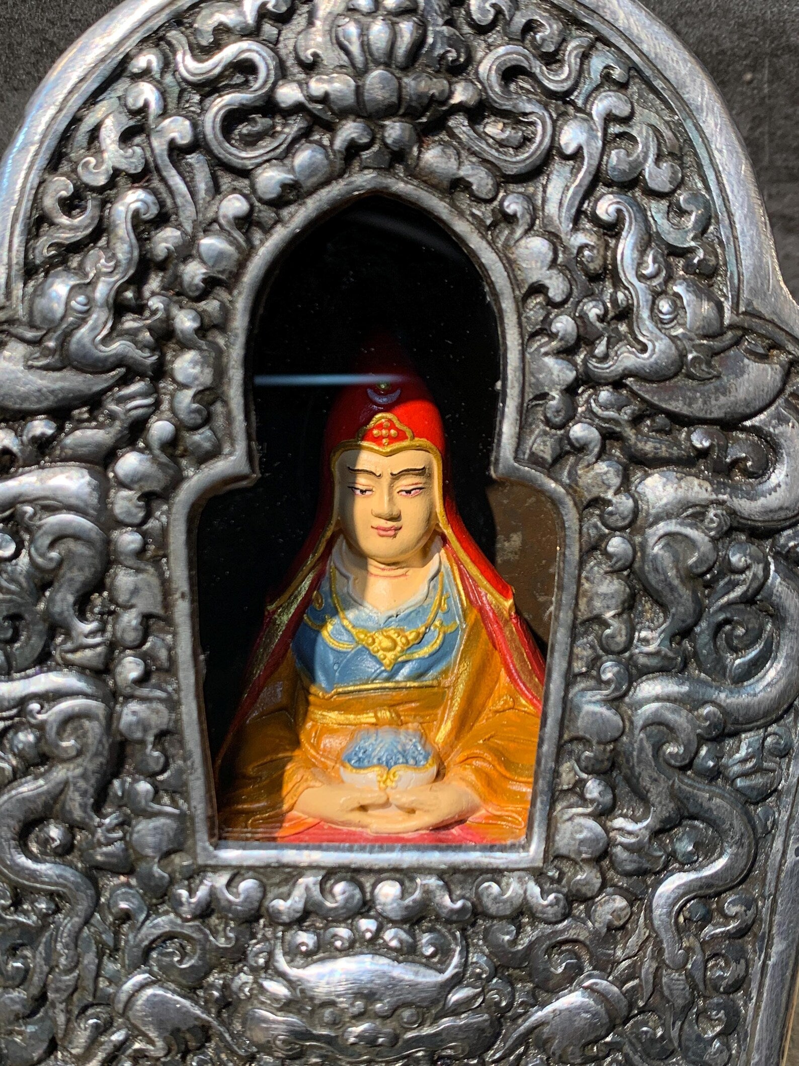 Guru dewa chenpo with cold iron ghau box. wish fulfilling padmasambhava. mahasukkha.