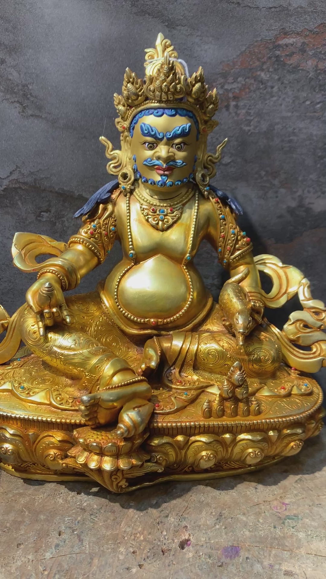 Handcrafted Gold gilt Yellow Dzambhala statue. copper statue of kuber. the god of wealth.