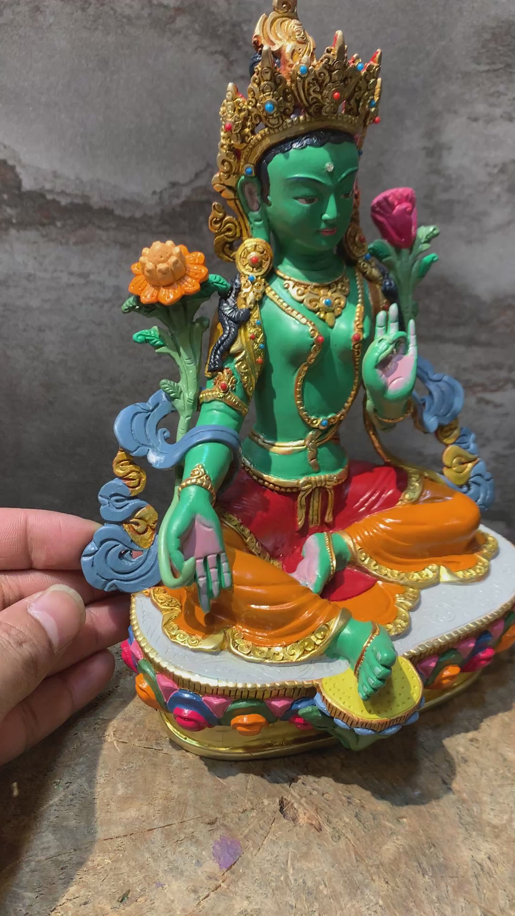 Hand carved copper green tara statue. Dolma statue for shrine.