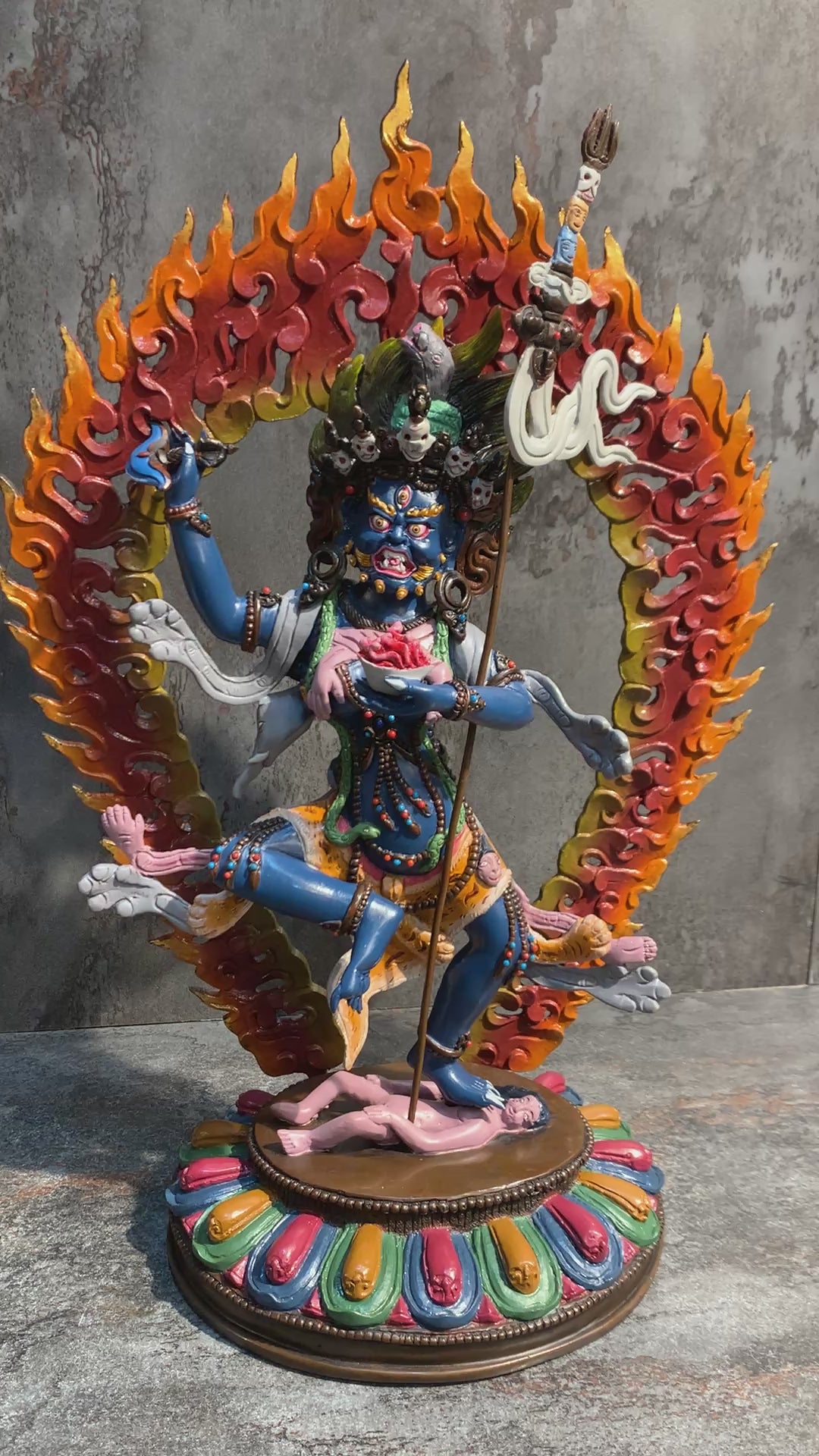 Hand crafted Krodhikali statue made of copper. colorful troma nagmo.